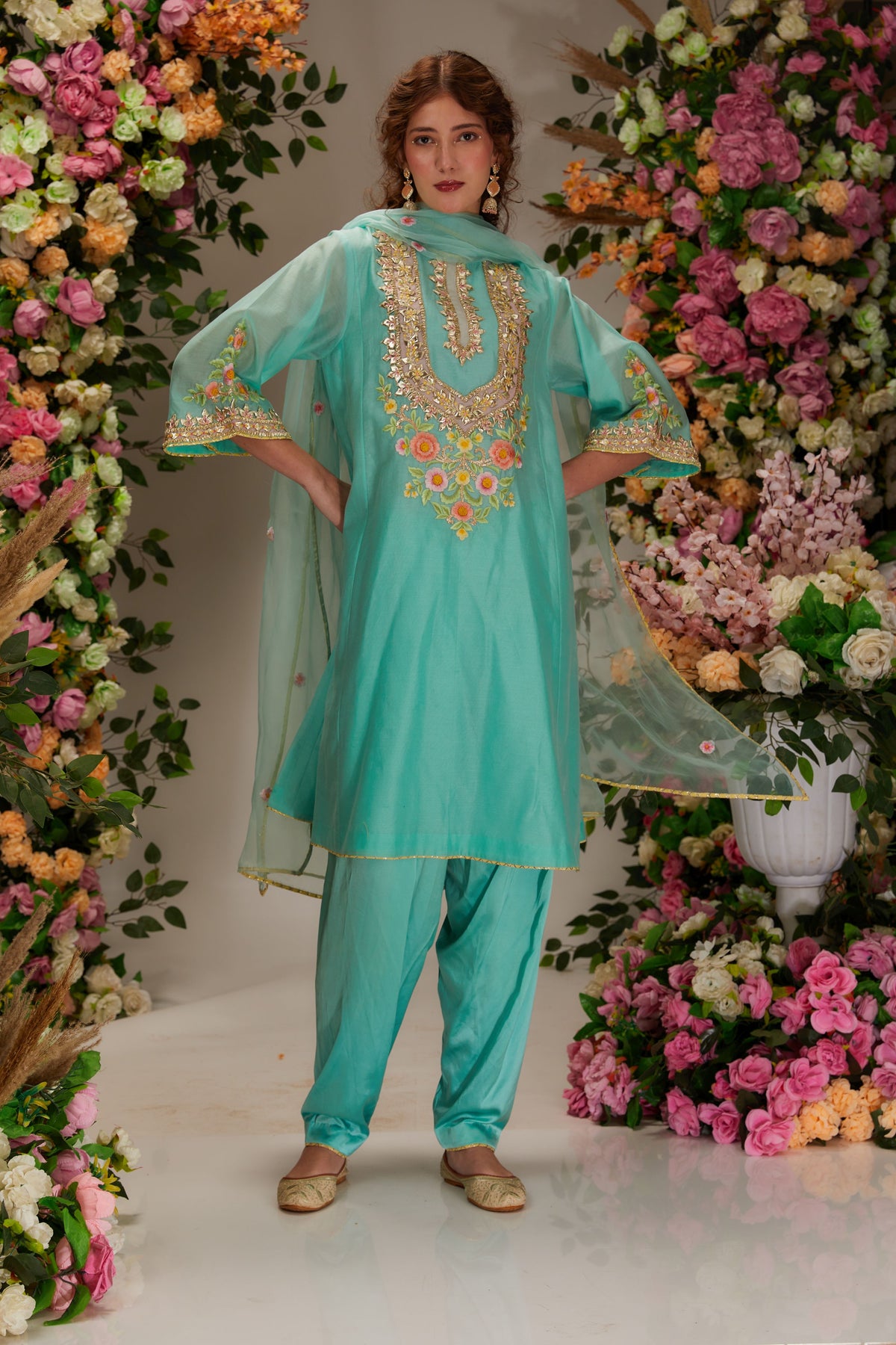 Turquoise Chanderi Short Kalidar Kurta set