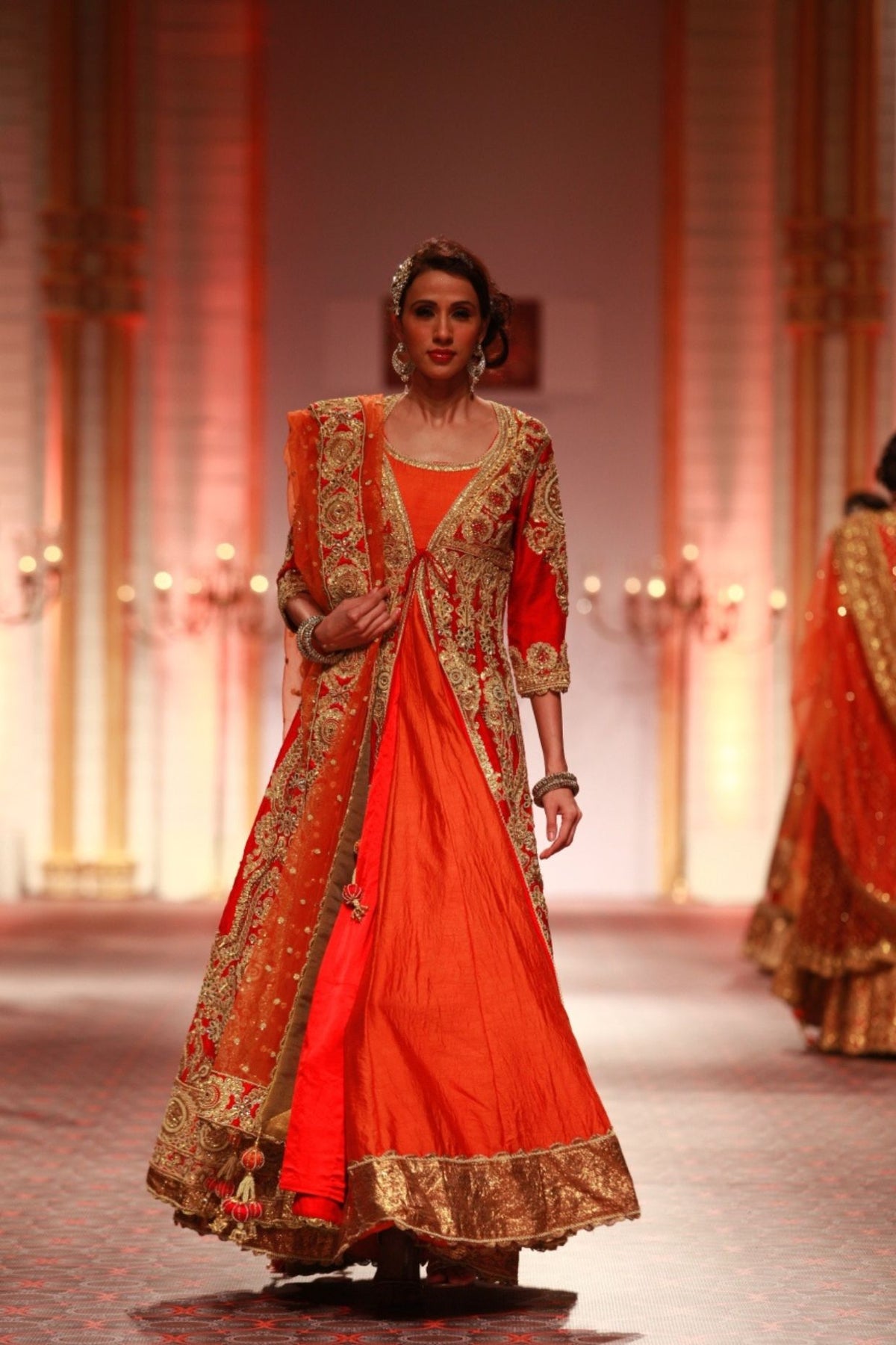 Red Embroidered Jacket With Orange Anarkali And Dupatta