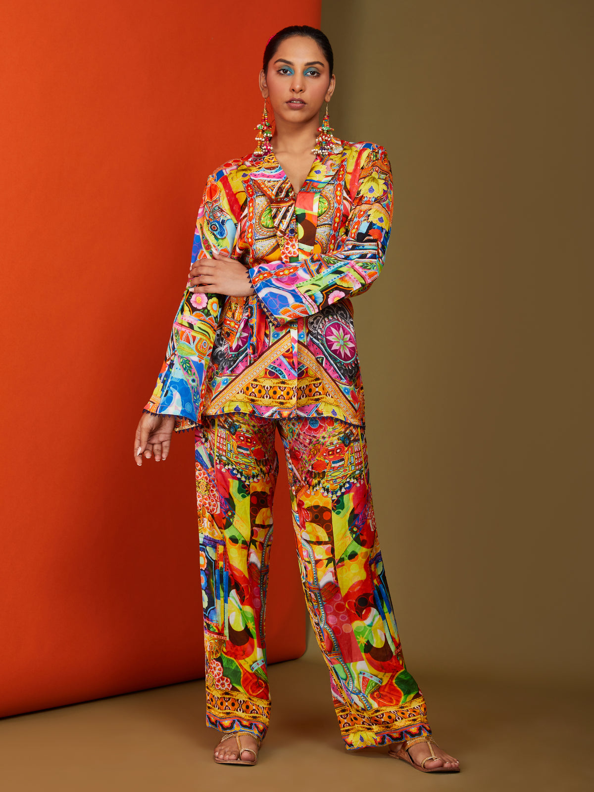 Printed Multicolored Front Open Coordset Pant Set