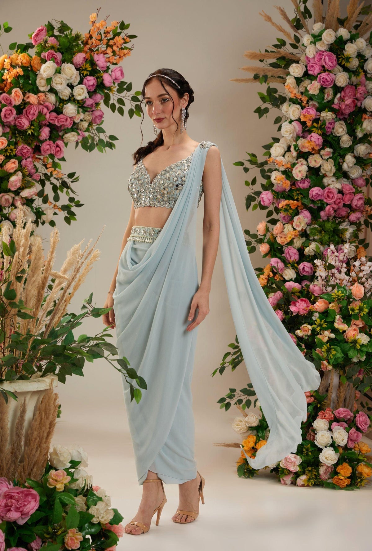 Ice Blue Dupion Blouse Georgette Saree - Preeti s kapoor