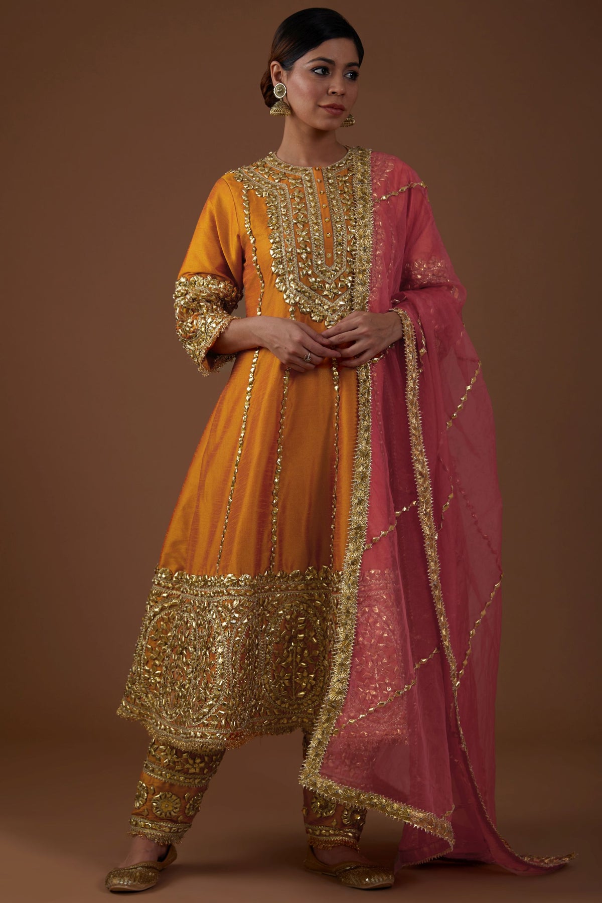 Marigold Majesty hued  dupion silk Long Anarkali salwar set