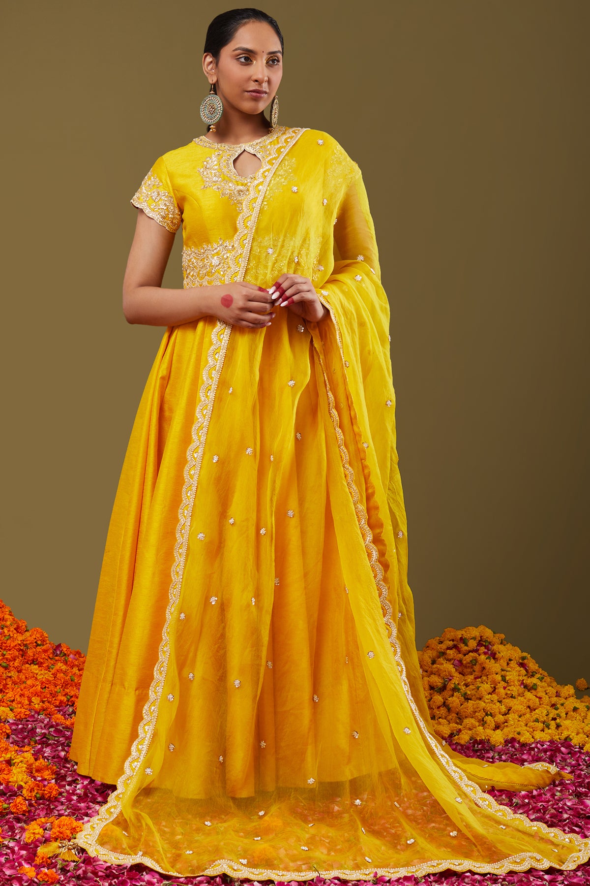 Bright Yellow Gotapatti With Sequence & Pearl Embroidered Anarkali Set