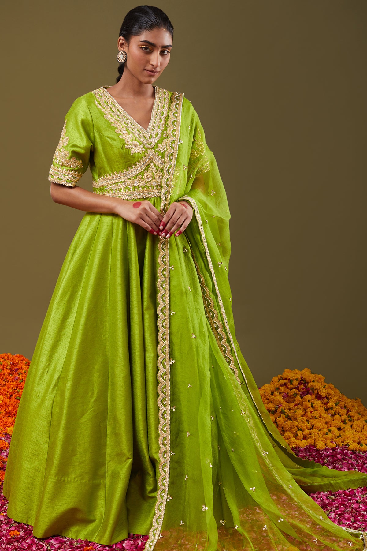 Lime Green Gotapatti With Sequence & Pearl Embroidered Anarkali Set