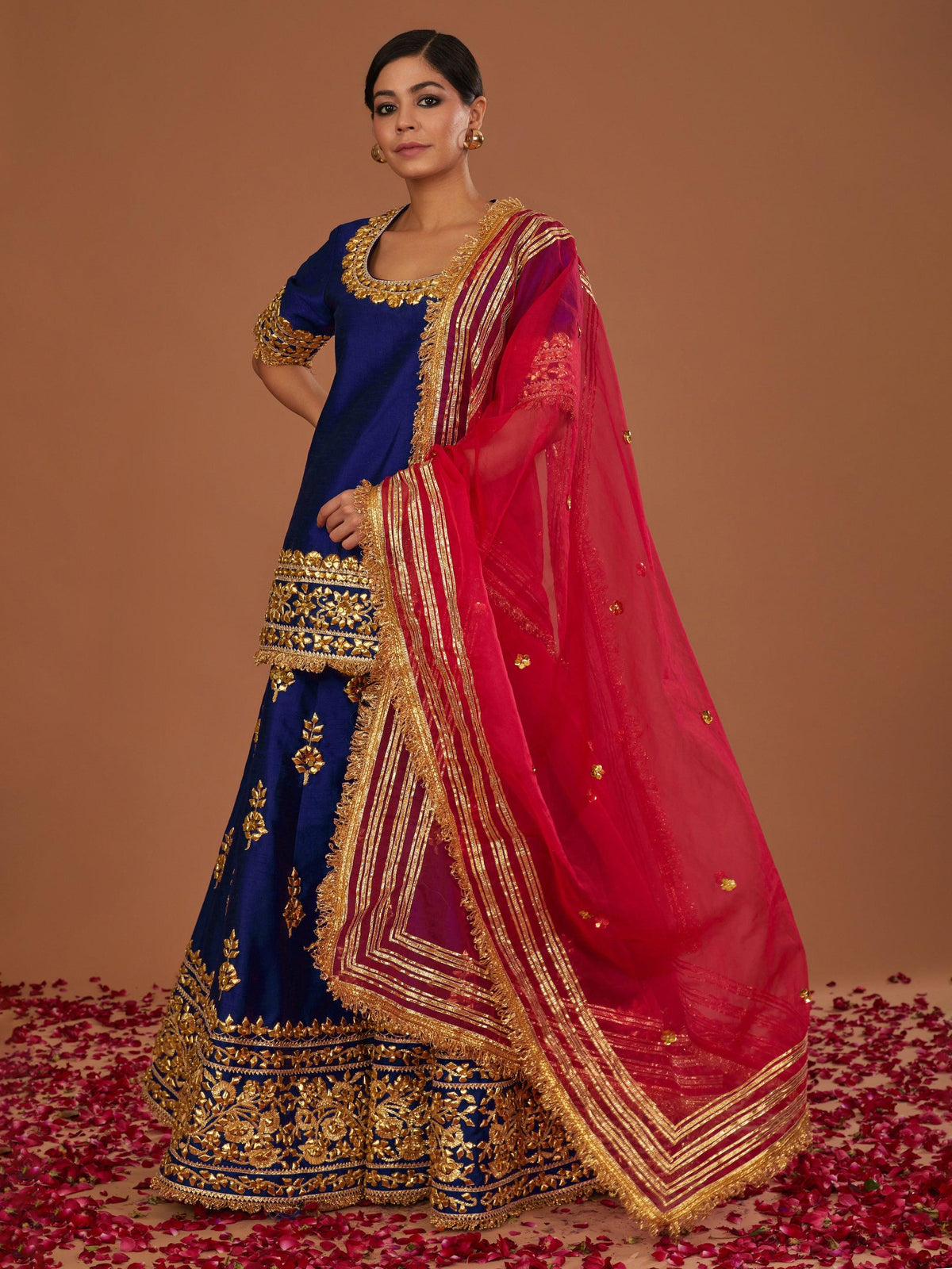 MIDNIGHT BLUE  SHORT KURTA WITH SHARARA AND FUSCHIA DUPATTA