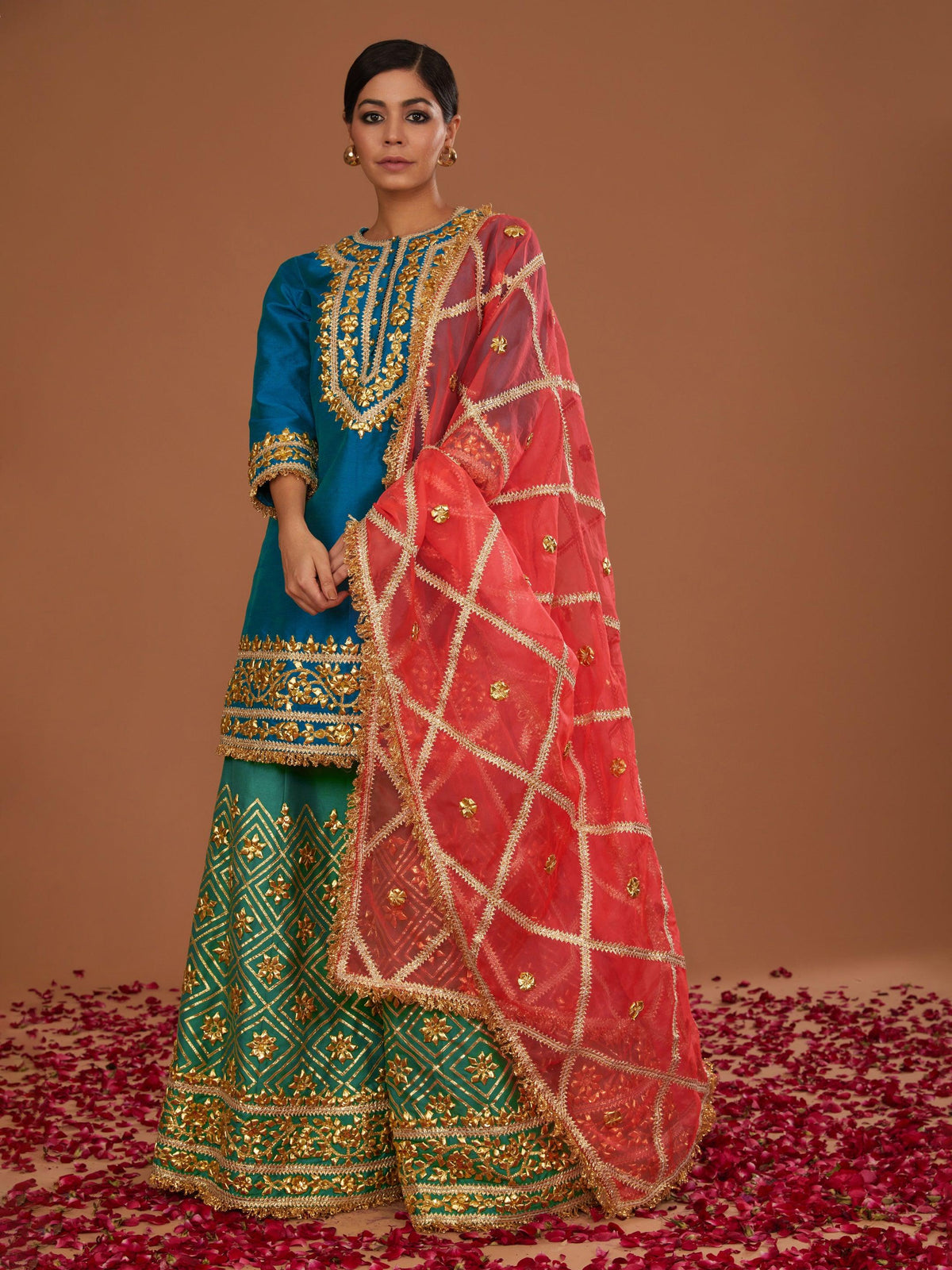 TURQ KURTA WITH GREEN SHARARA AND NEON PINK DUPATTA