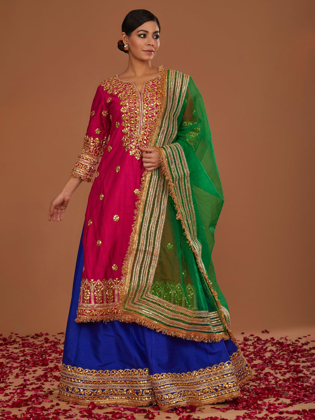 FUSHIA A LINE KURTA WITH BLUE SHARARA AND GREEN DUPATTA