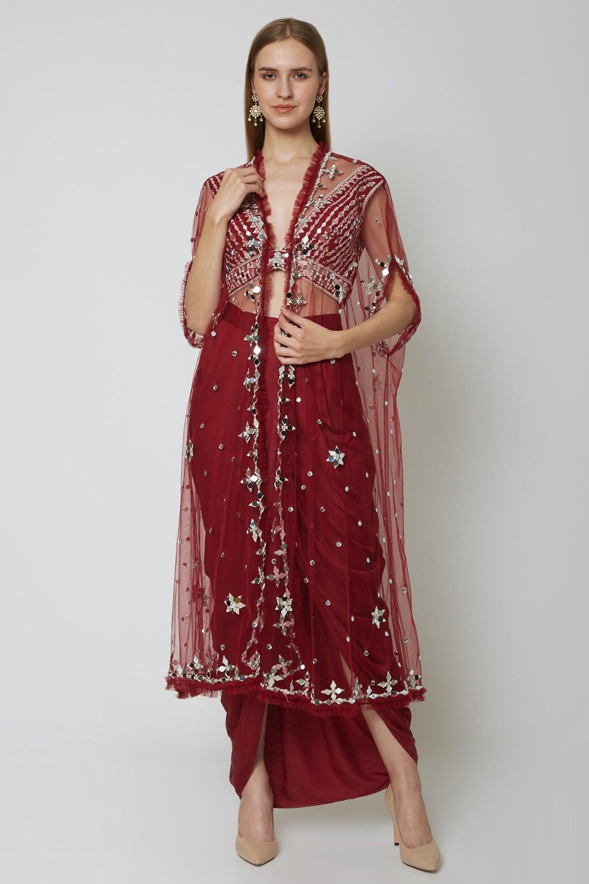 Wine Embroidered Blouse With Dhoti & Cape