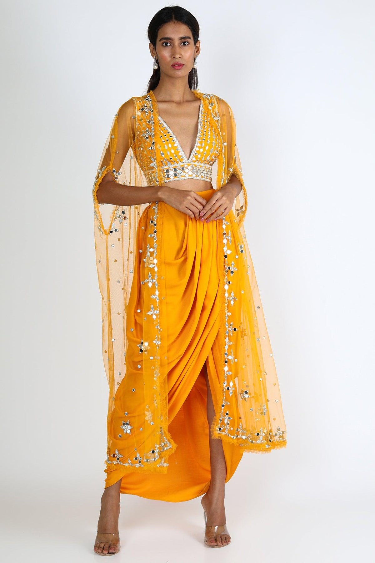 Yellow Embroidered Dhoti Skirt Set