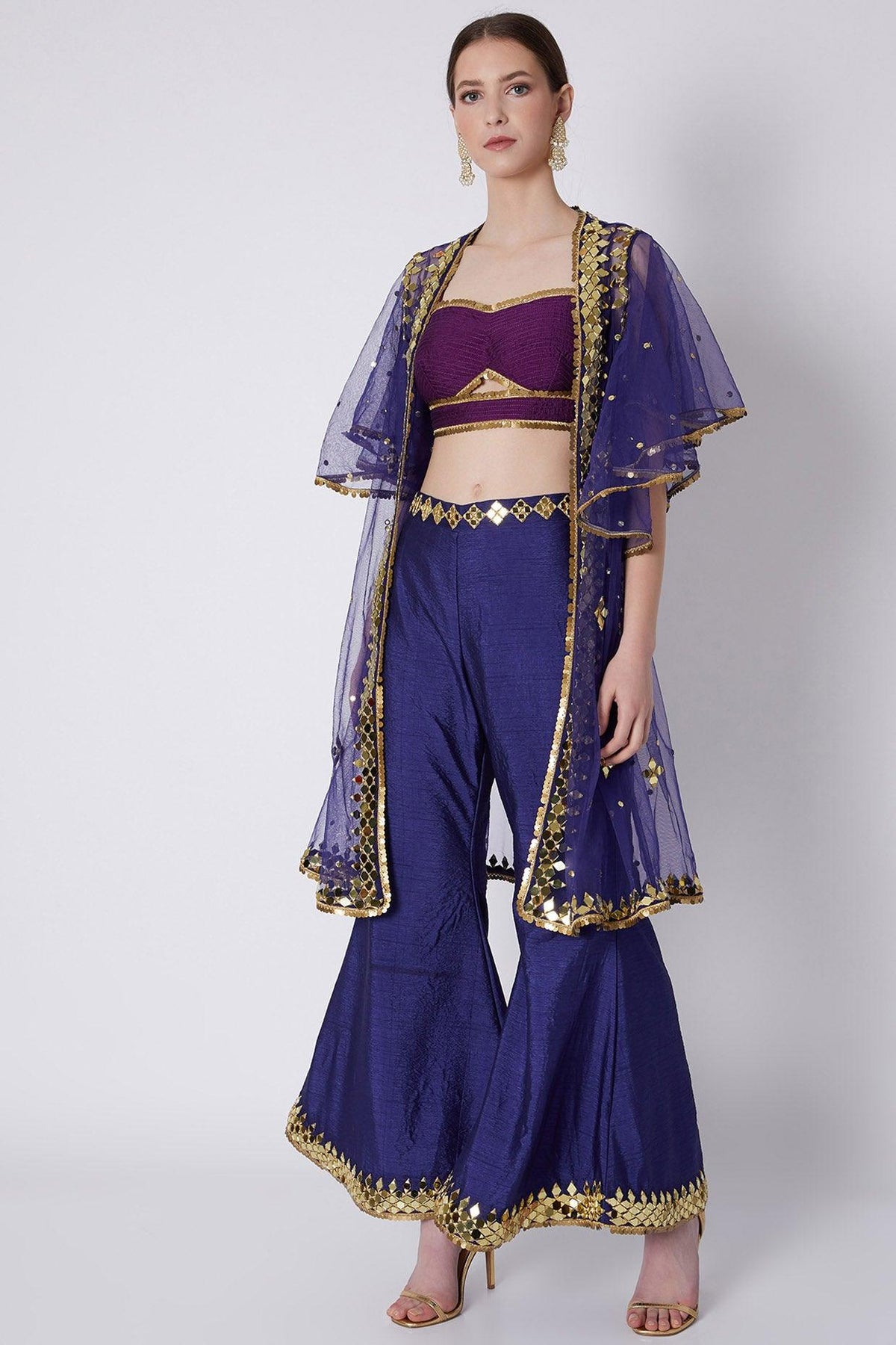 Mauve & Blue Embroidered Cape Set