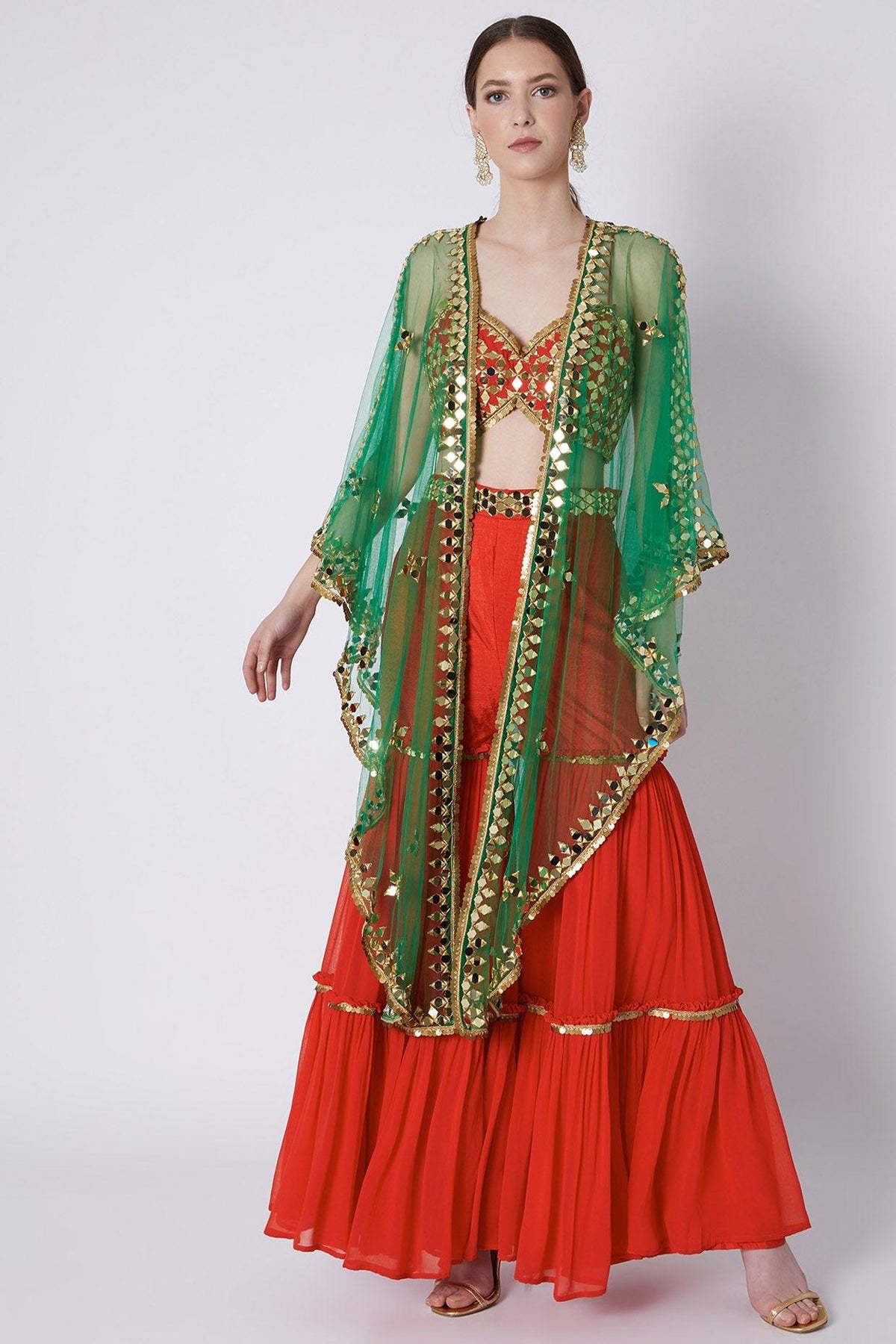 Red & Green Embroidered Gharara Set - Preeti s kapoor