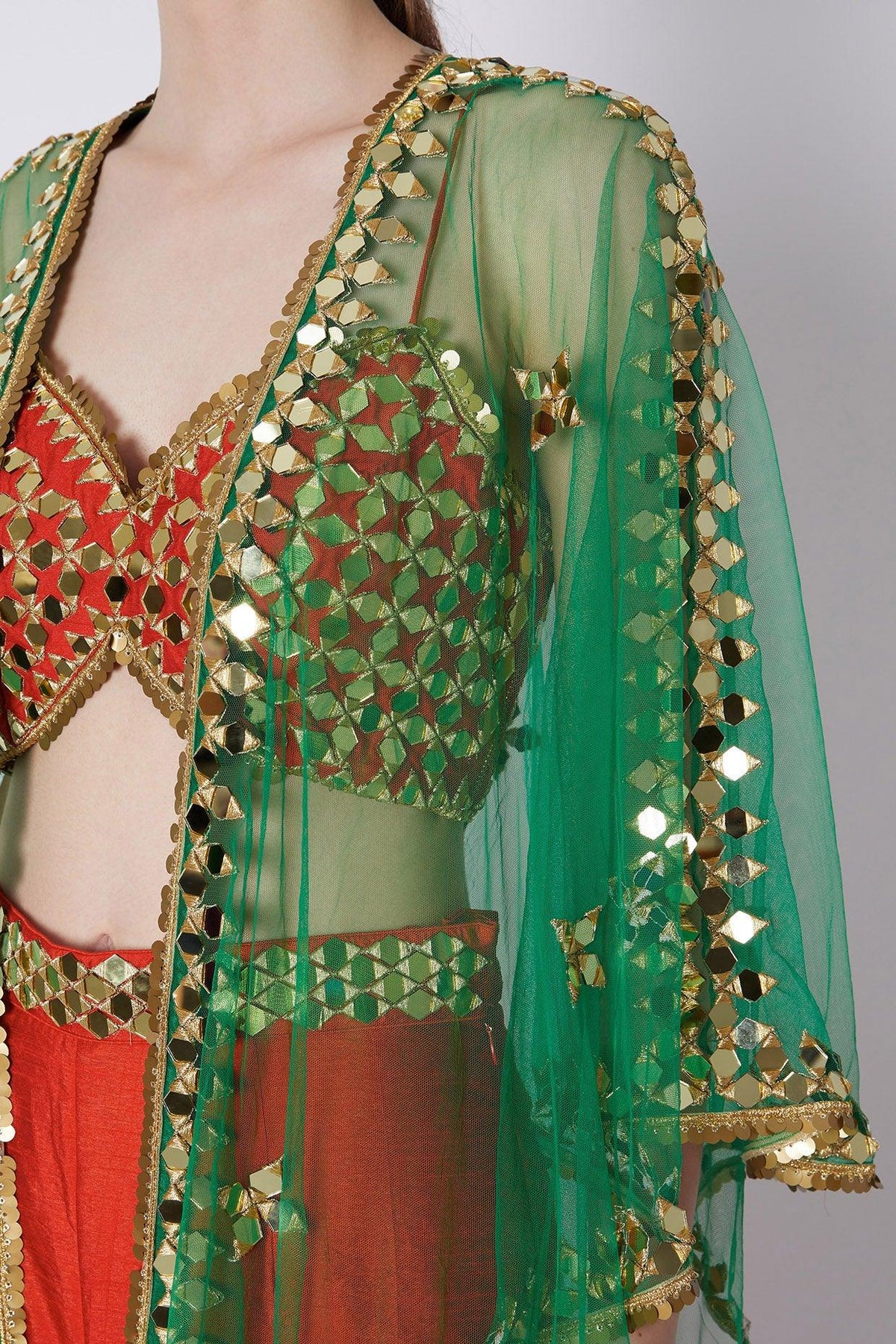 Red & Green Embroidered Gharara Set