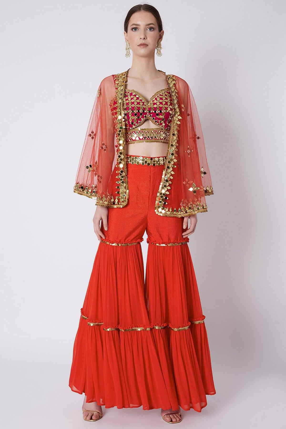 Red Mirrors Embroidered Gharara Set