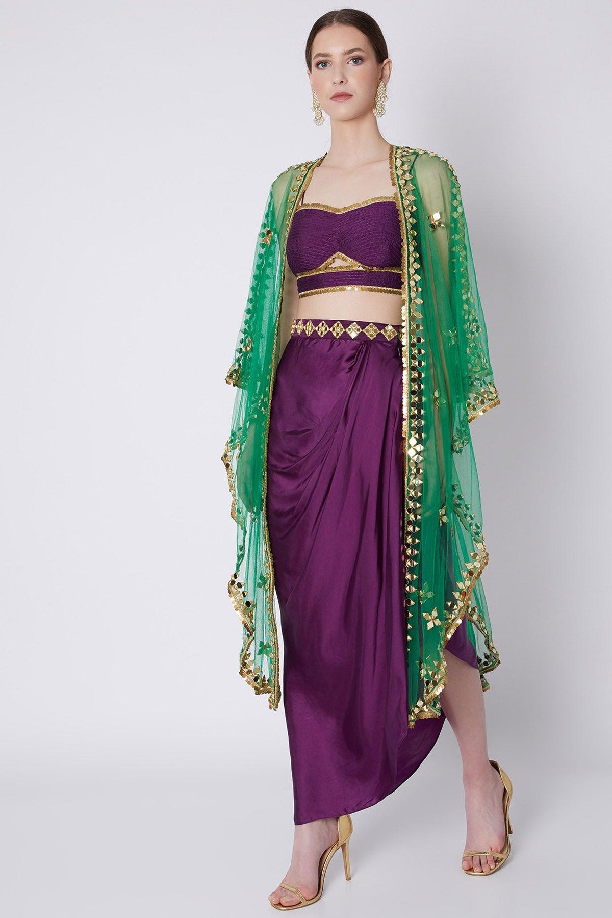 Purple & Green Embroidered Skirt Set