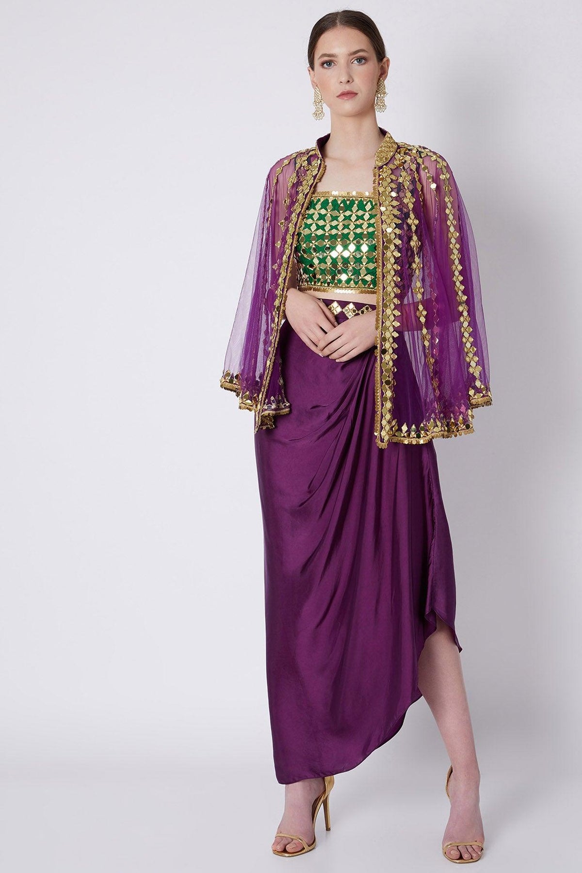 Green & Purple Embroidered Skirt Set - Preeti s kapoor