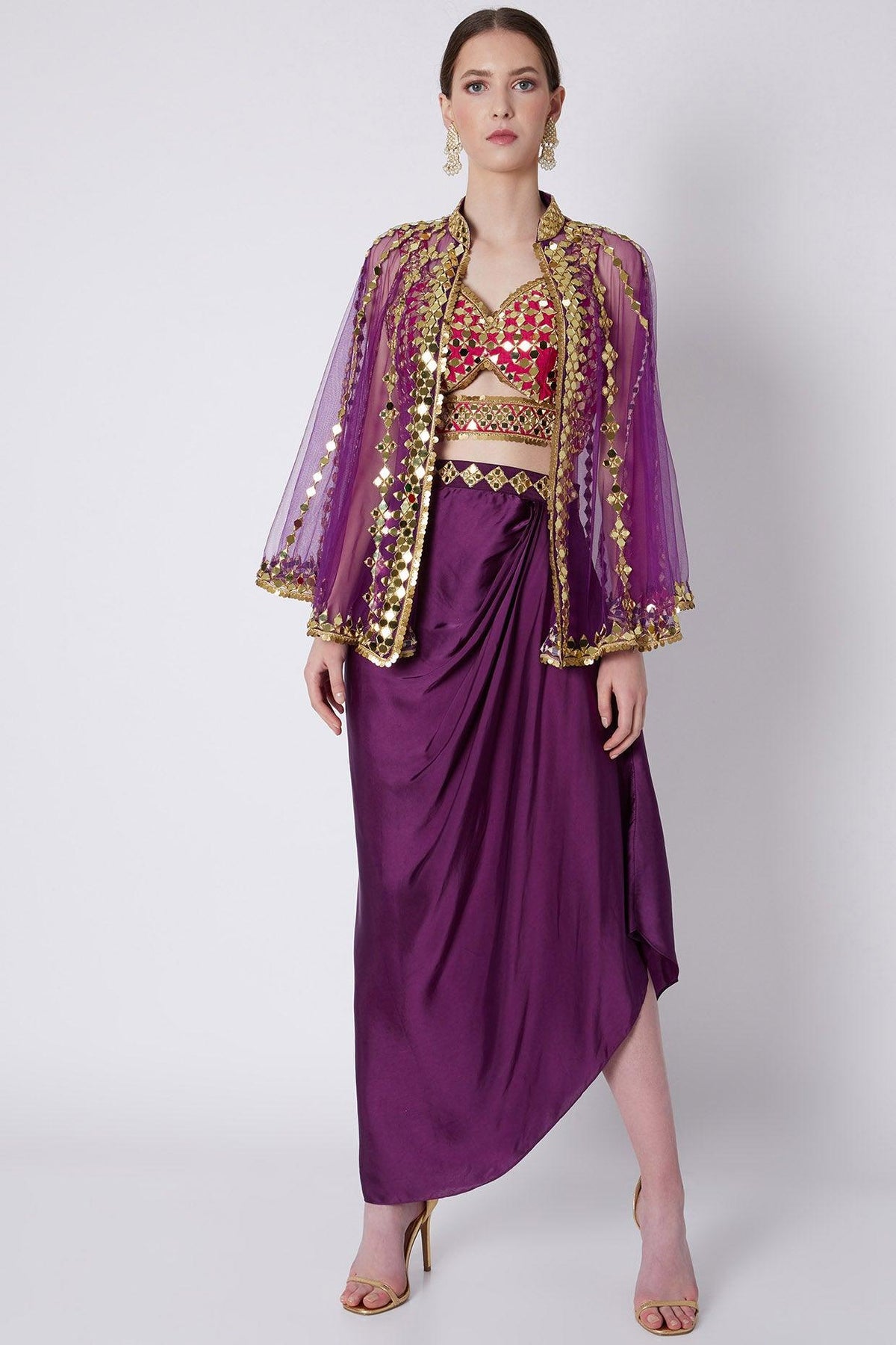 Purple & Red Mirrors Embroidered Skirt Set - Preeti s kapoor