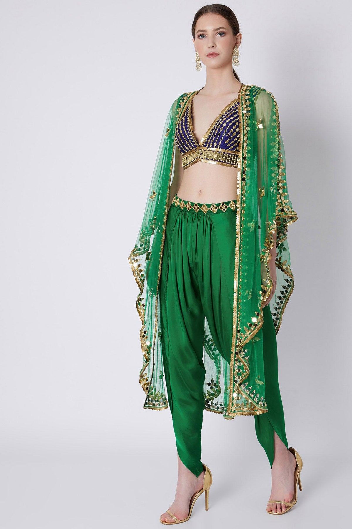 Green & Blue Embroidered Dhoti Set