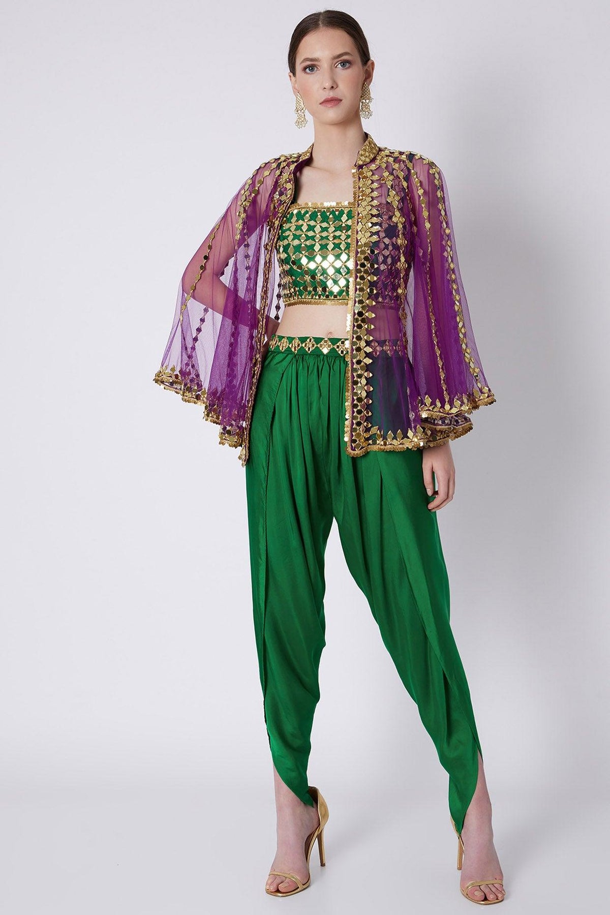 Green & Purple Gold Embroidered Dhoti Set