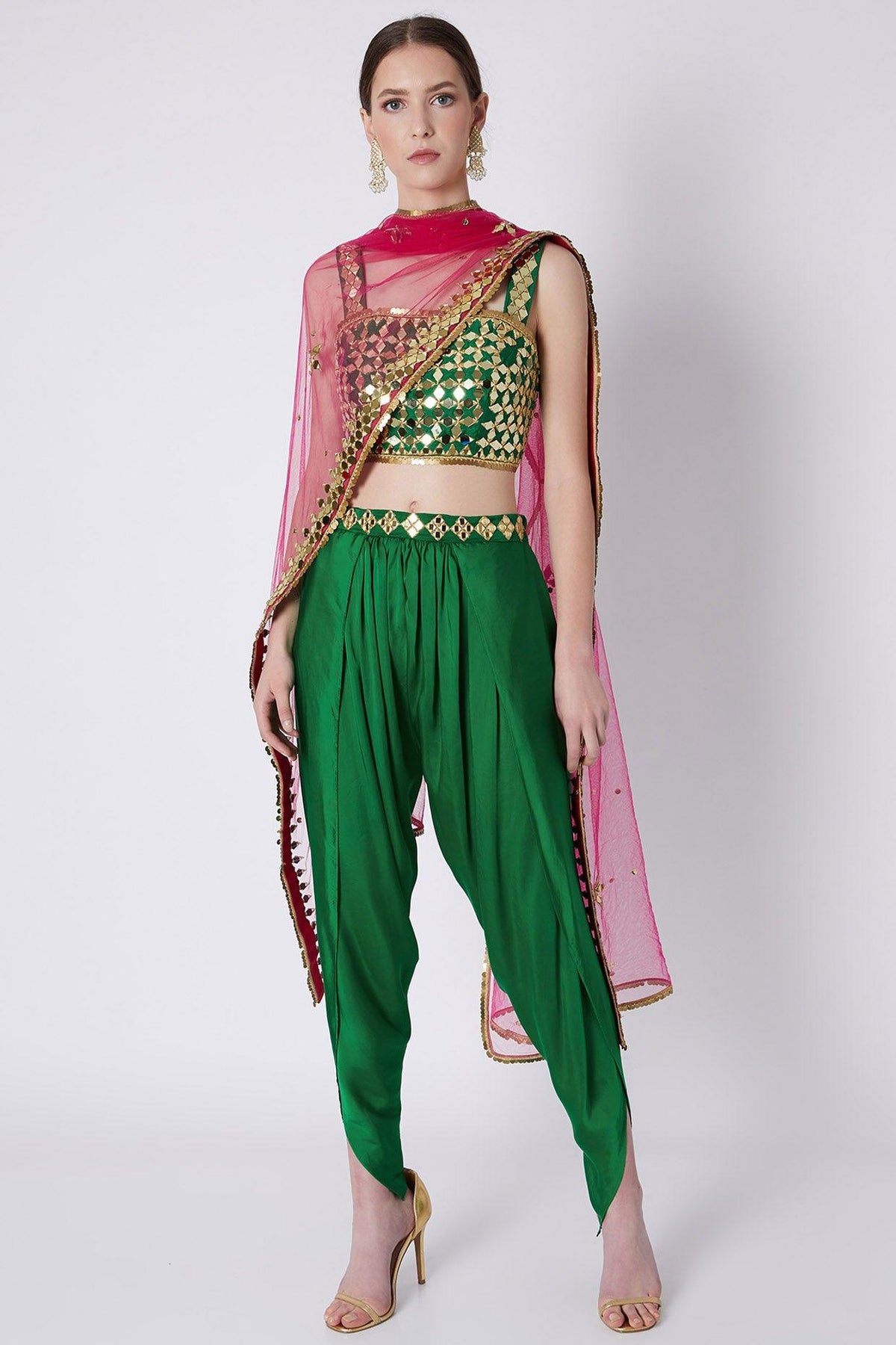 Green & Fuchsia Embroidered Dhoti Set