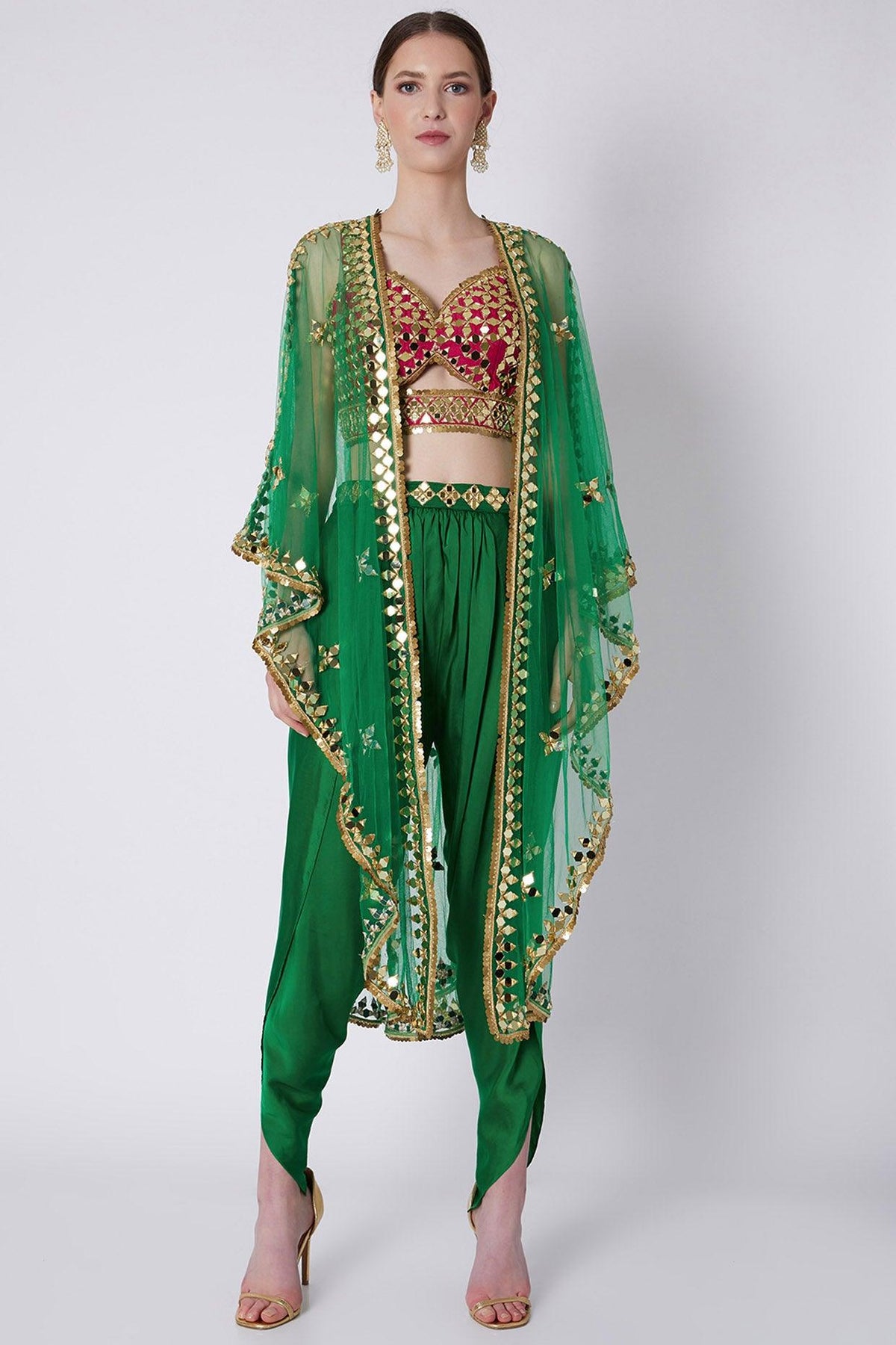 Red & Green Embroidered Dhoti Set