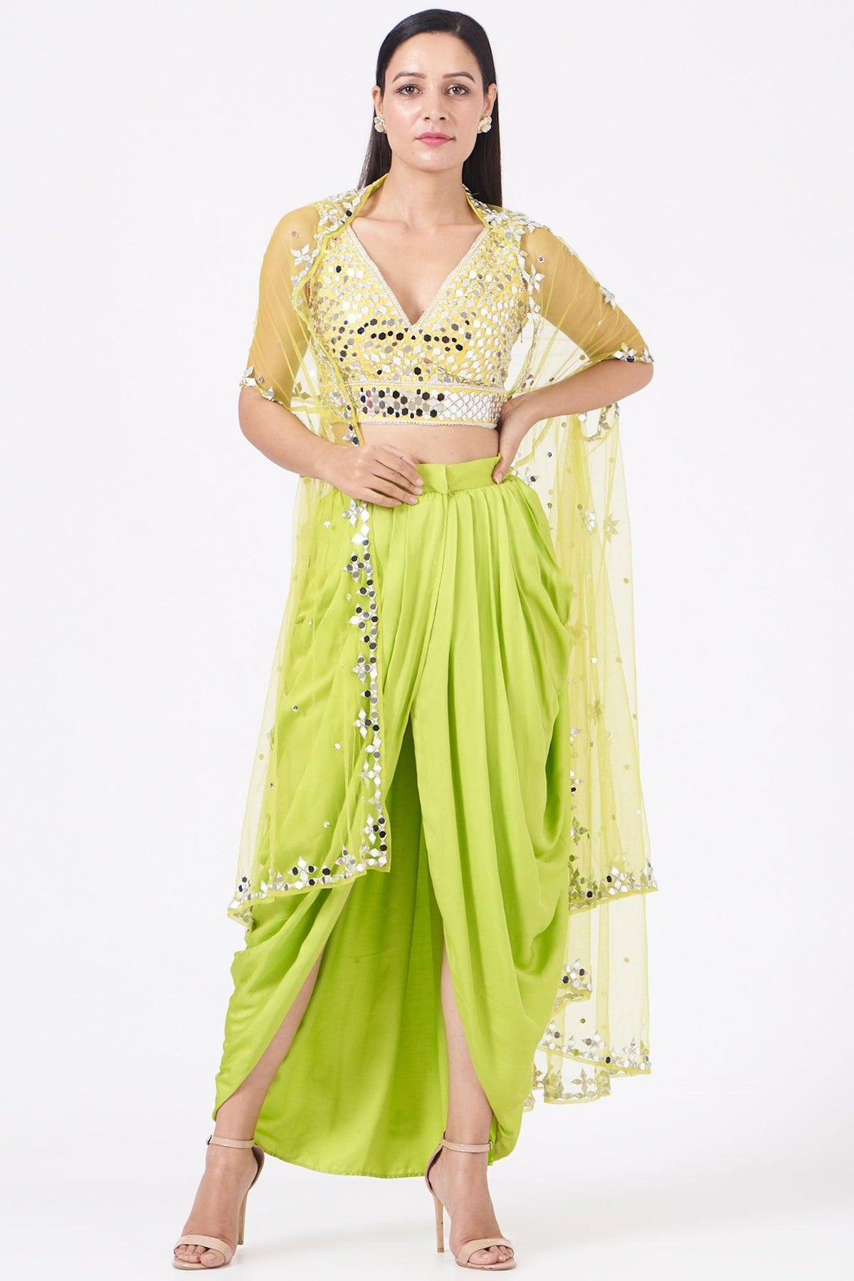 Lime Green Embroidered Dhoti Skirt Set