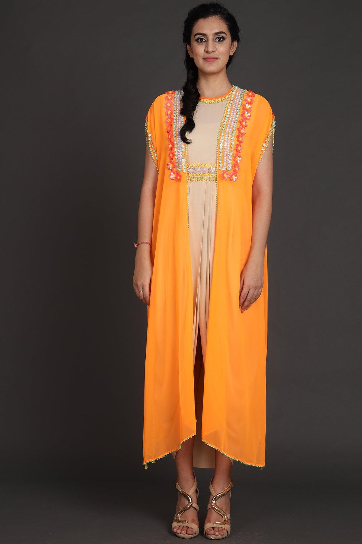 Rust Orange & Beige Embroidered Jumpsuit With Cape