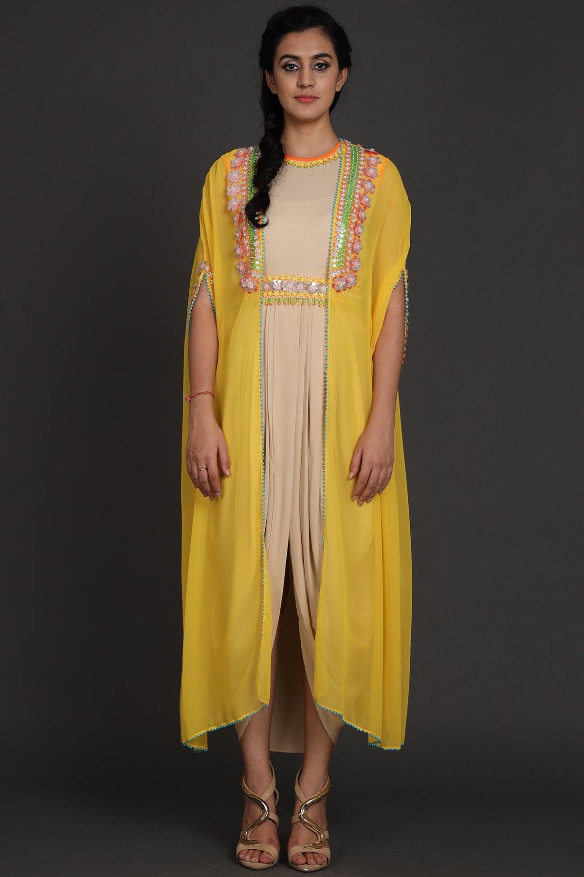 Yellow & Beige Embroidered Jumpsuit With Cape