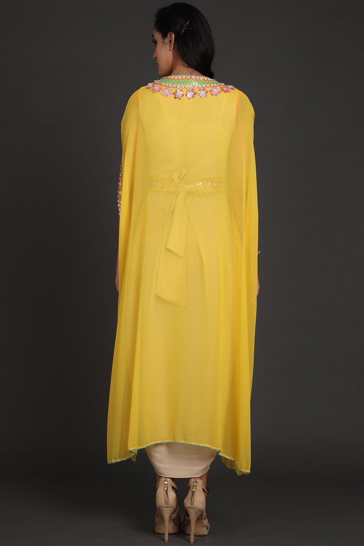 Yellow & Beige Embroidered Jumpsuit With Cape - Preeti s kapoor