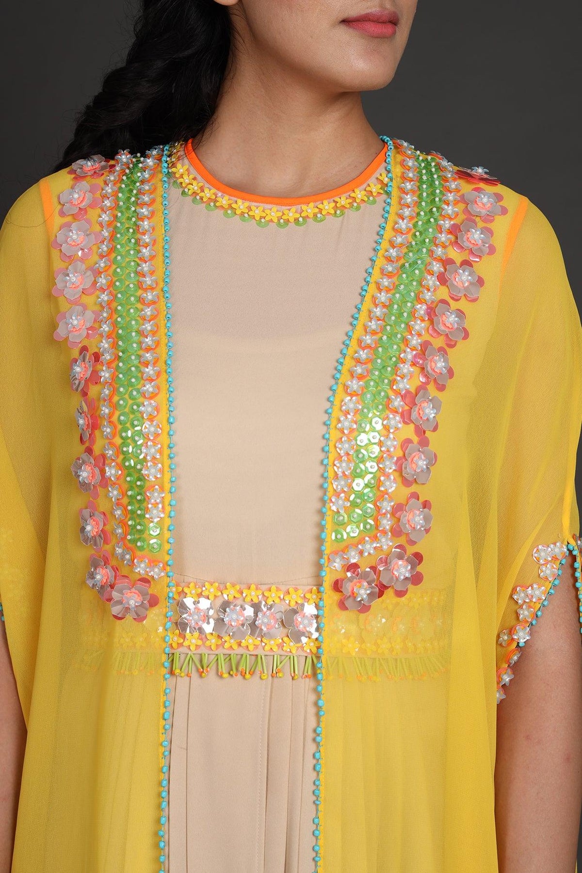 Yellow & Beige Embroidered Jumpsuit With Cape - Preeti s kapoor