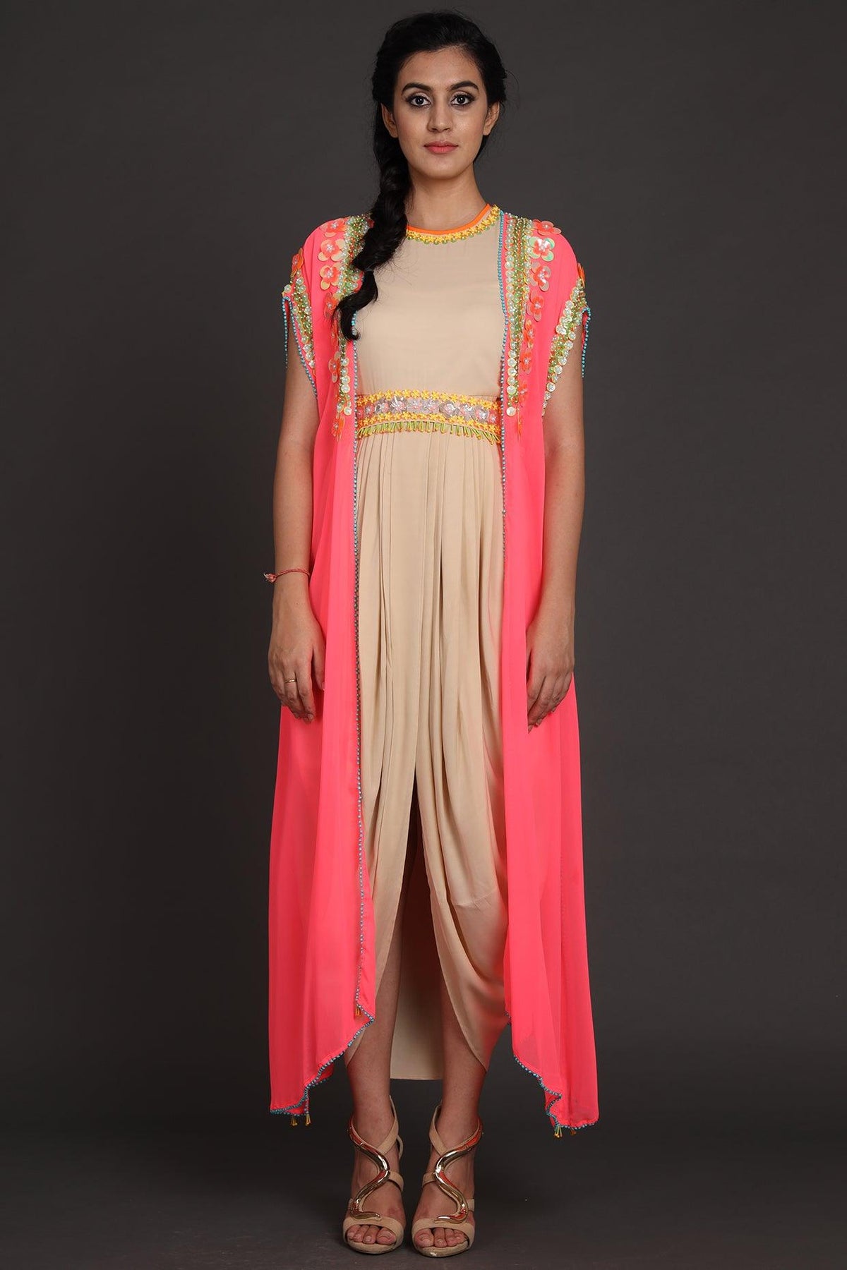 Pink & Beige Embroidered Jumpsuit With Cape