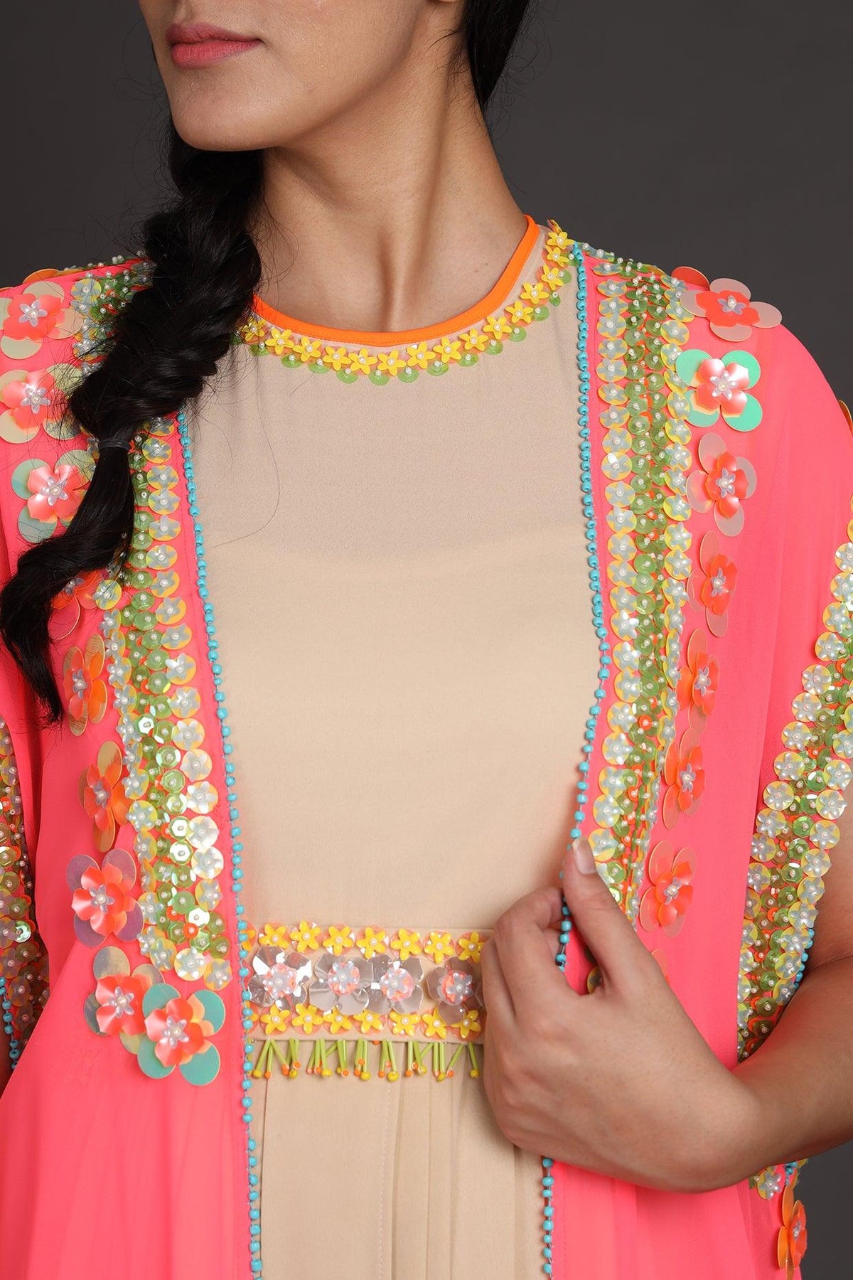 Pink & Beige Embroidered Jumpsuit With Cape - Preeti s kapoor