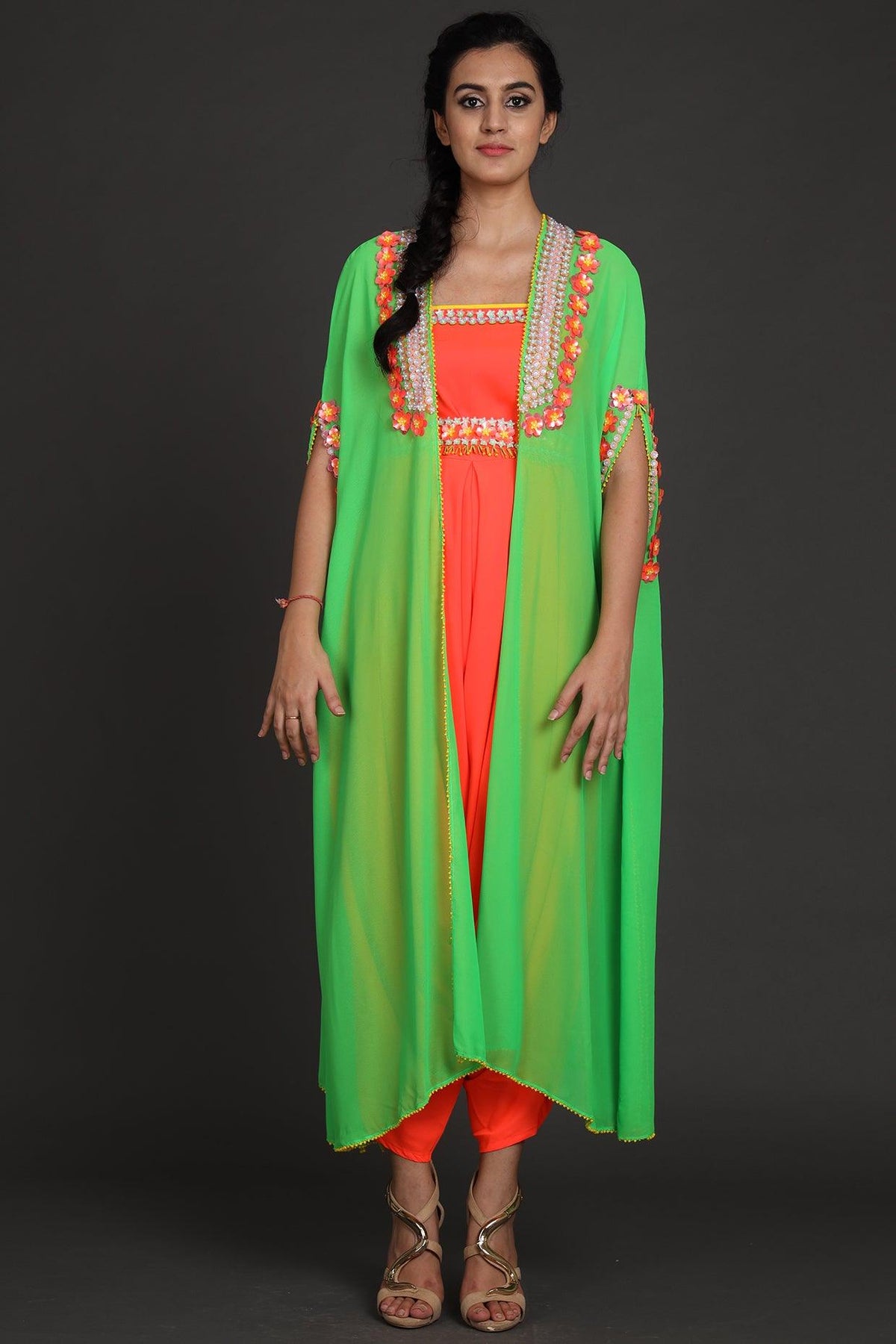 Green & Orange Embroidered Jumpsuit With Cape