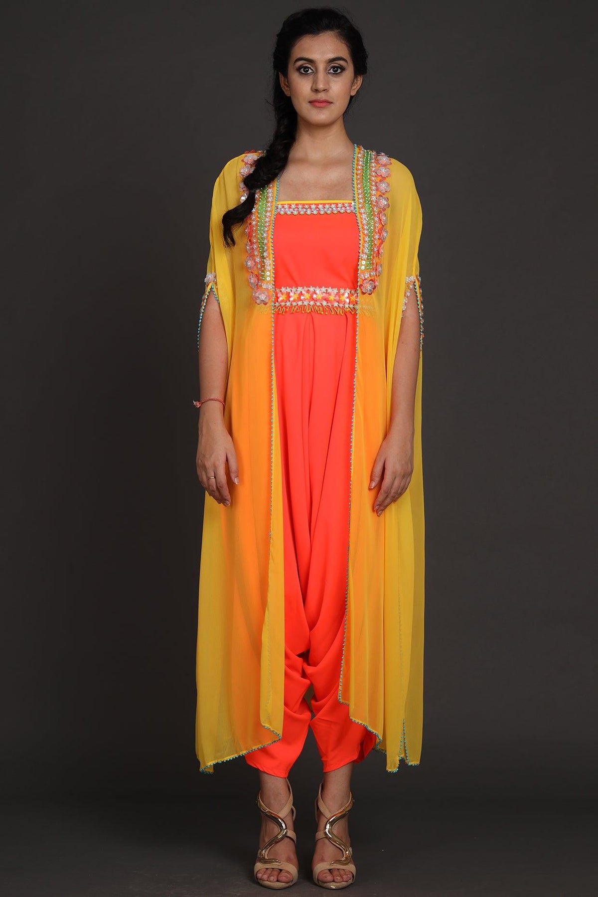 Yellow & Orange Sequince Embroidered Jumpsuit With Cape