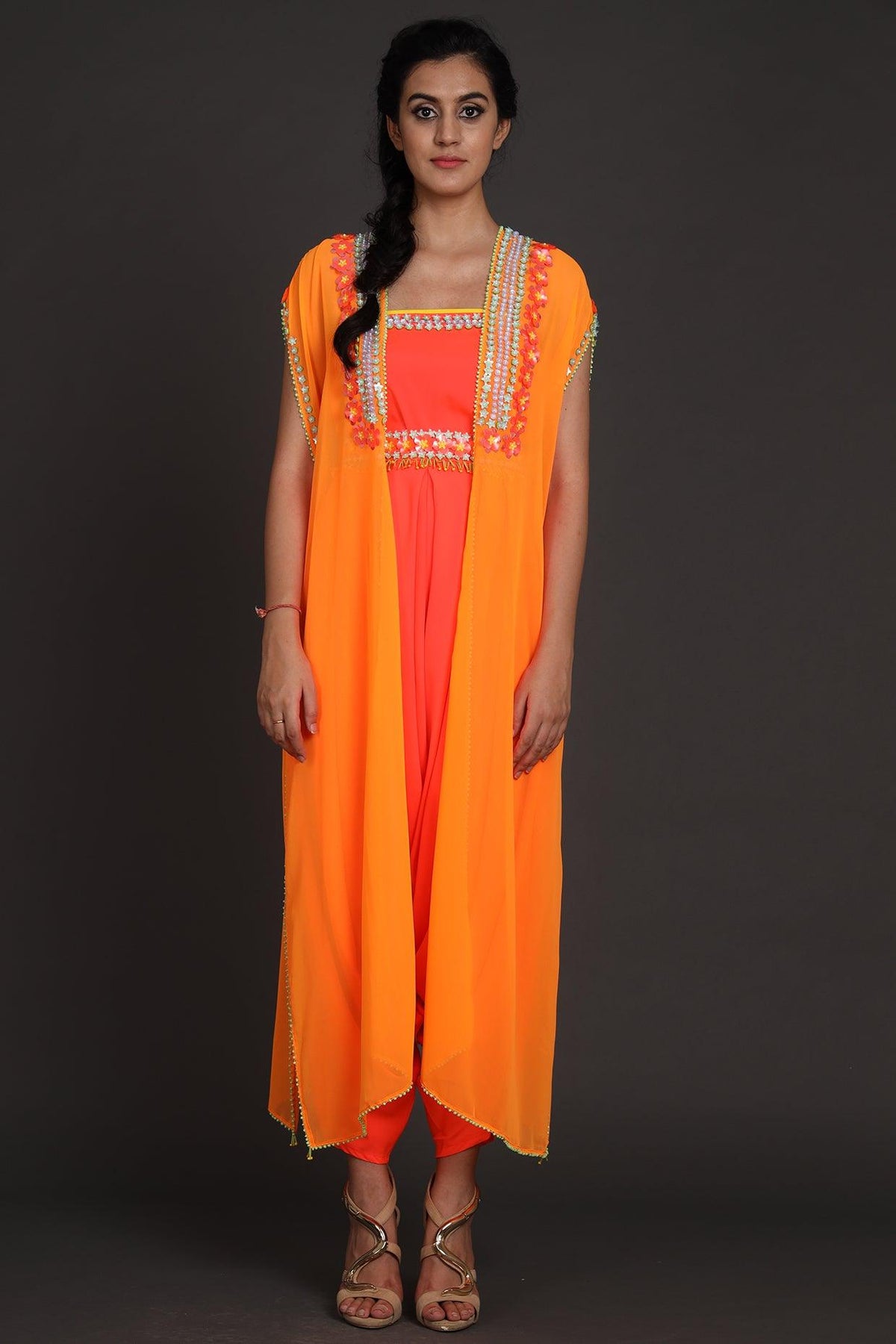 Rust Orange Embroidered Jumpsuit With Cape