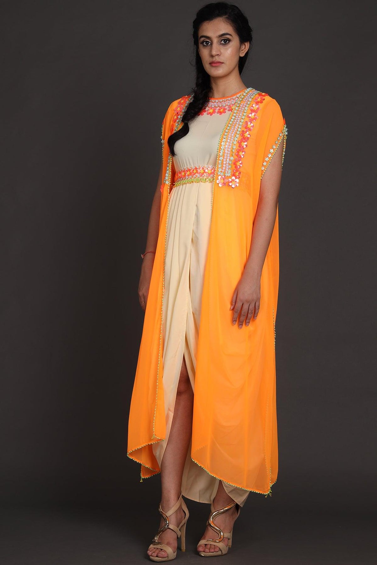 Orange & Cream Embroidered Jumpsuit With Cape