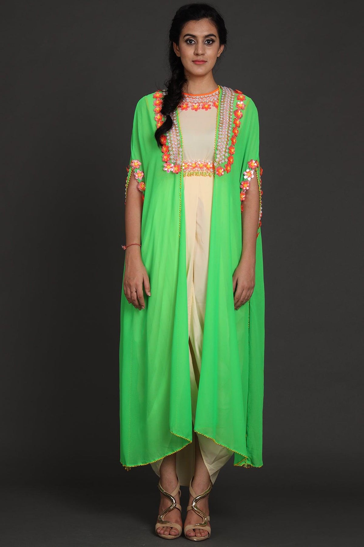 Green & Cream Embroidered Jumpsuit With Cape