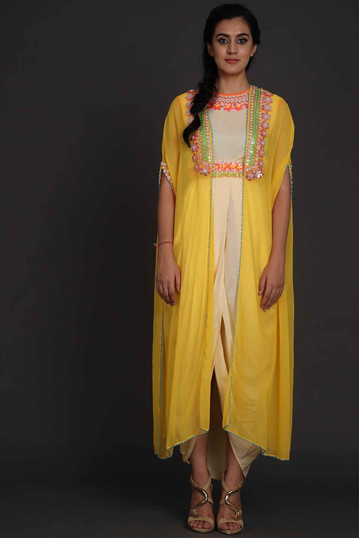 Yellow & Cream Embroidered Jumpsuit With Cape