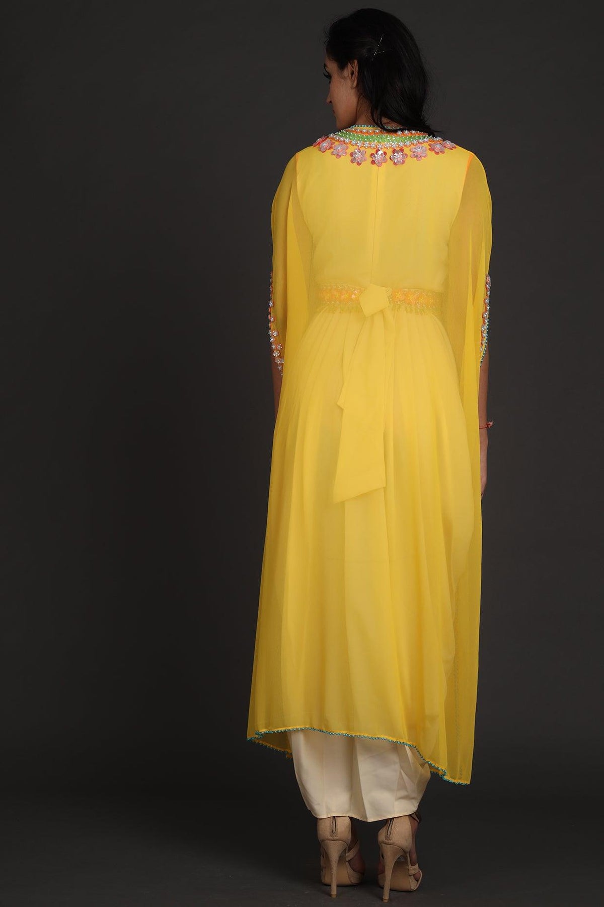 Yellow & Cream Embroidered Jumpsuit With Cape - Preeti s kapoor