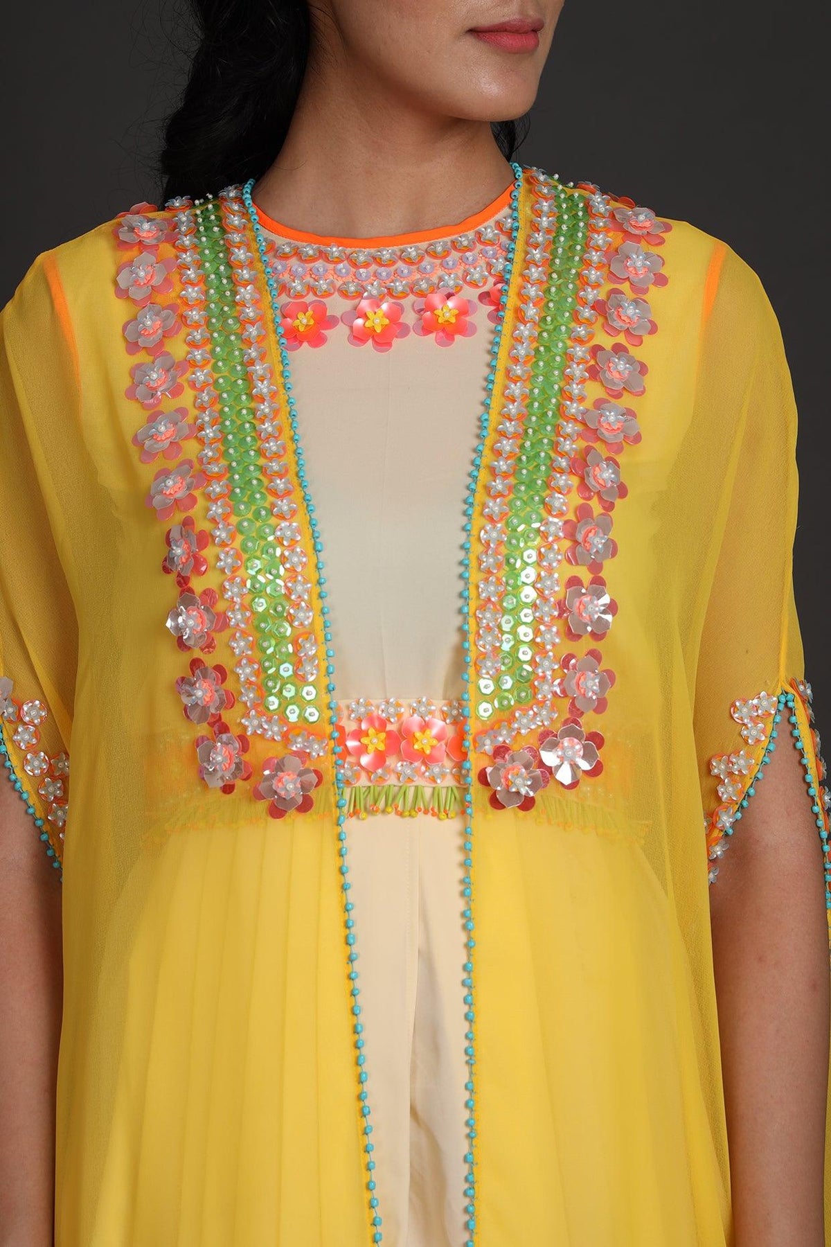 Yellow & Cream Embroidered Jumpsuit With Cape - Preeti s kapoor