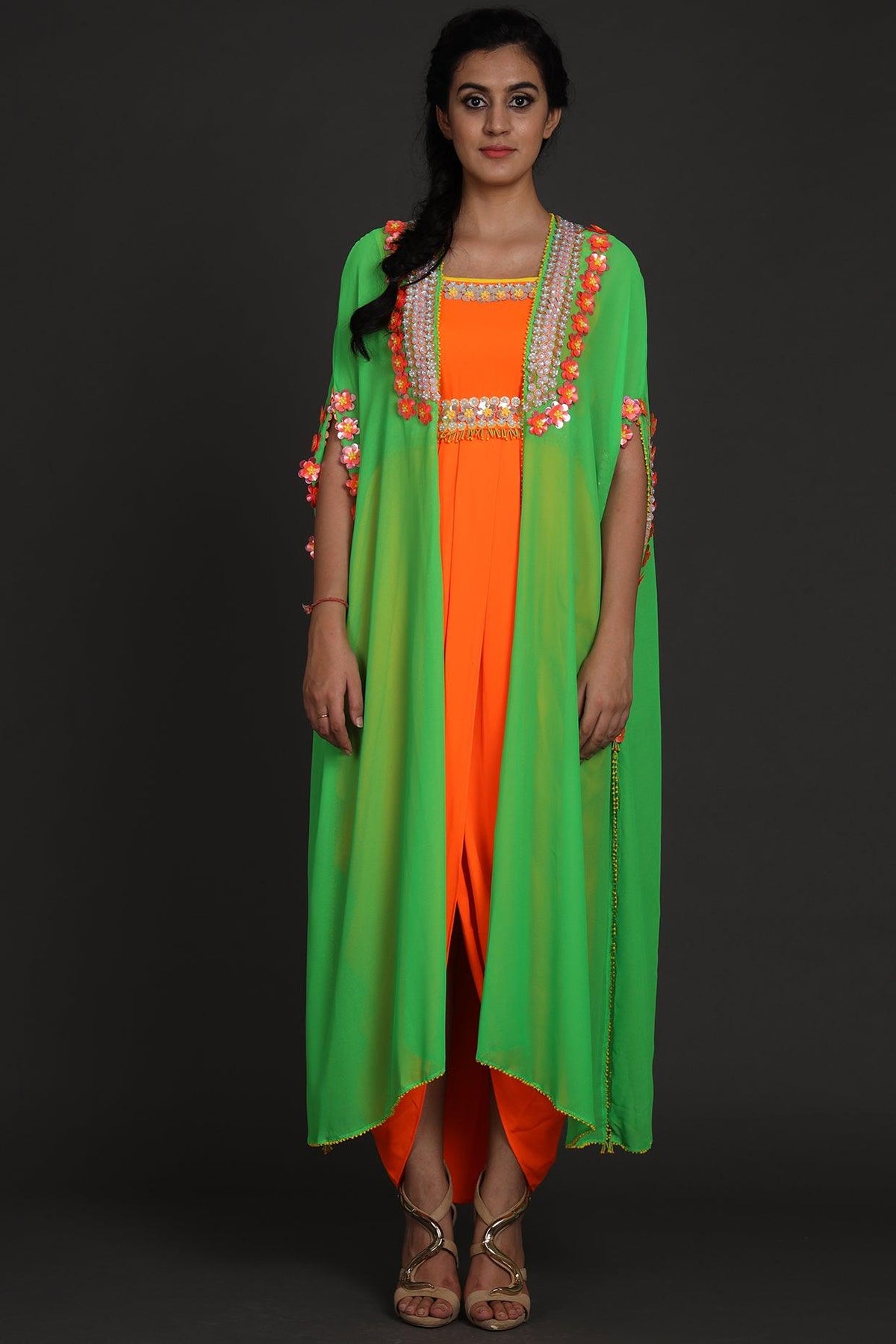 Green & Orange Sequins Embroidered Jumpsuit With Cape