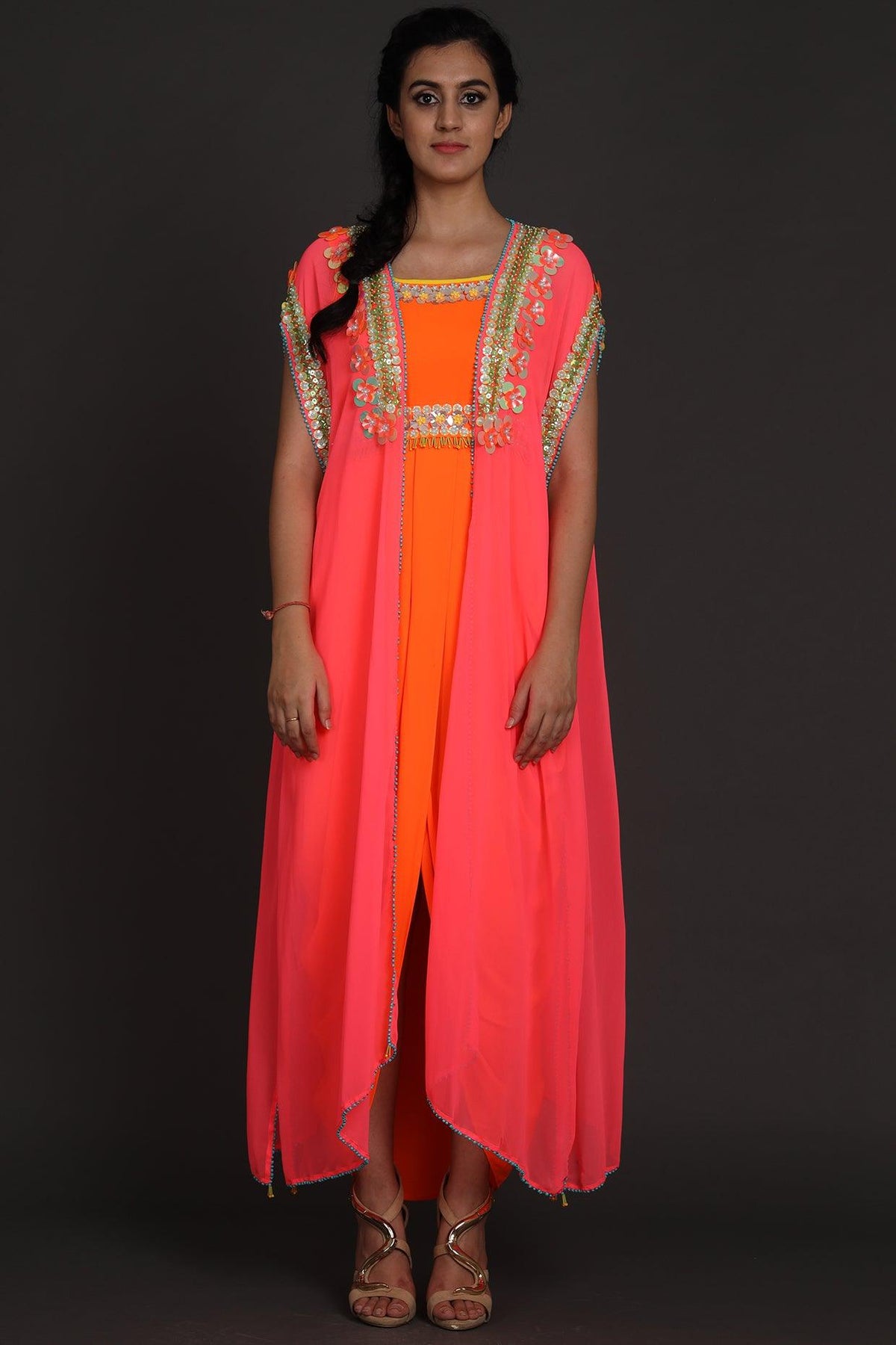 Fuchsia & Orange Embroidered Jumpsuit With Cape