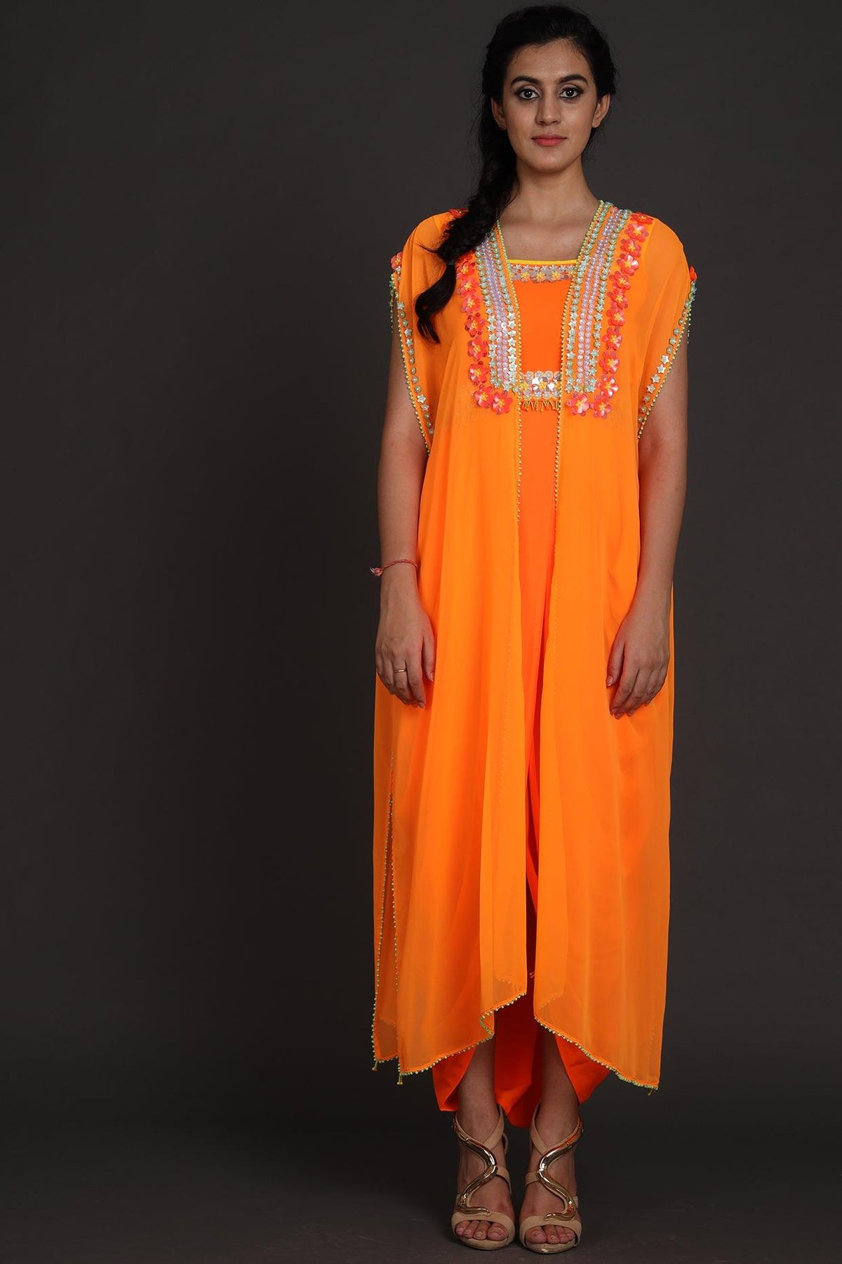 Orange Embroidered Jumpsuit With Cape