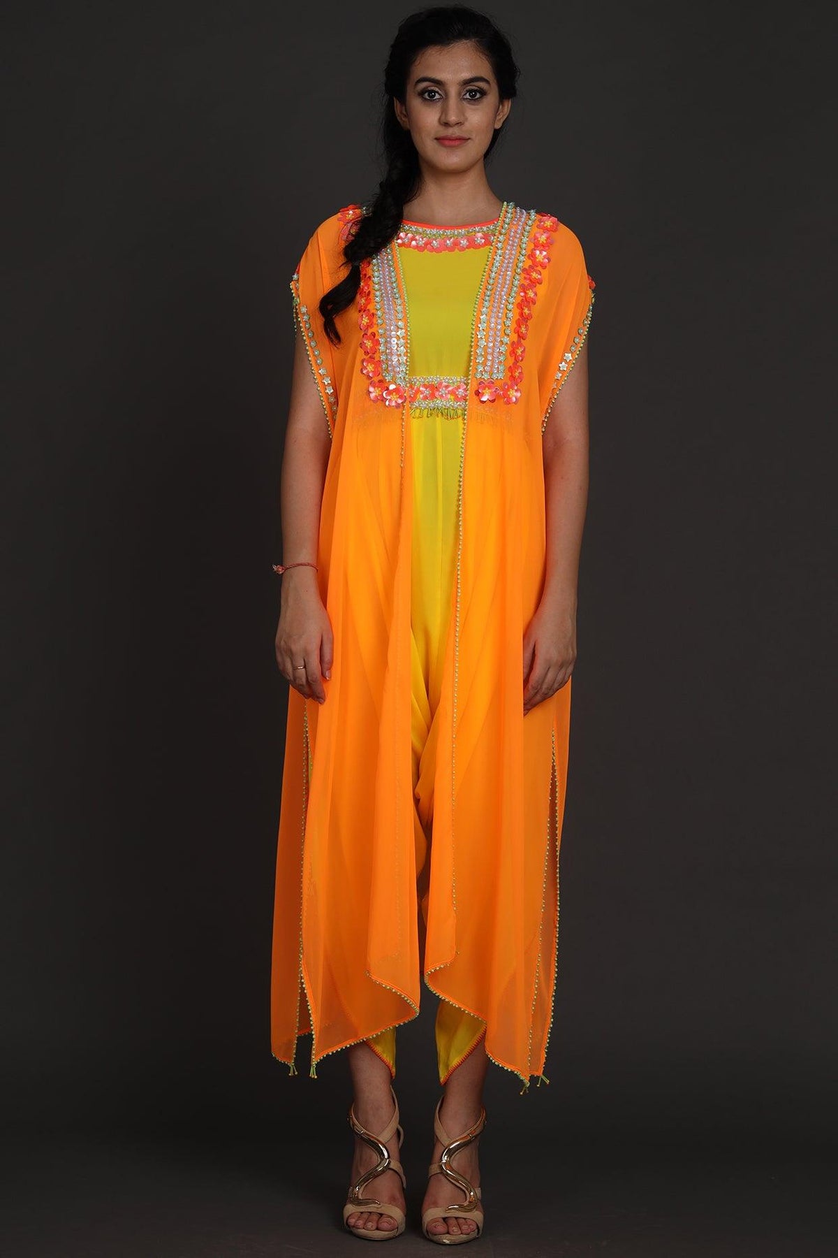 Yellow & Orange Embroidered Jumpsuit With Cape