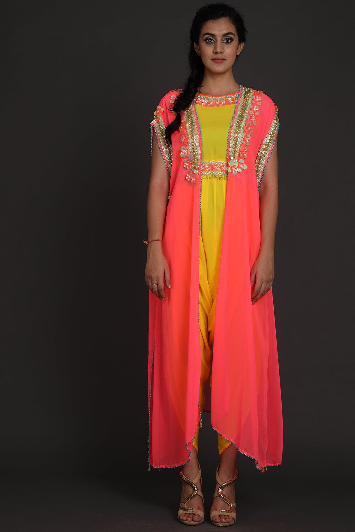 Yellow & Pink Embroidered Jumpsuit With Cape