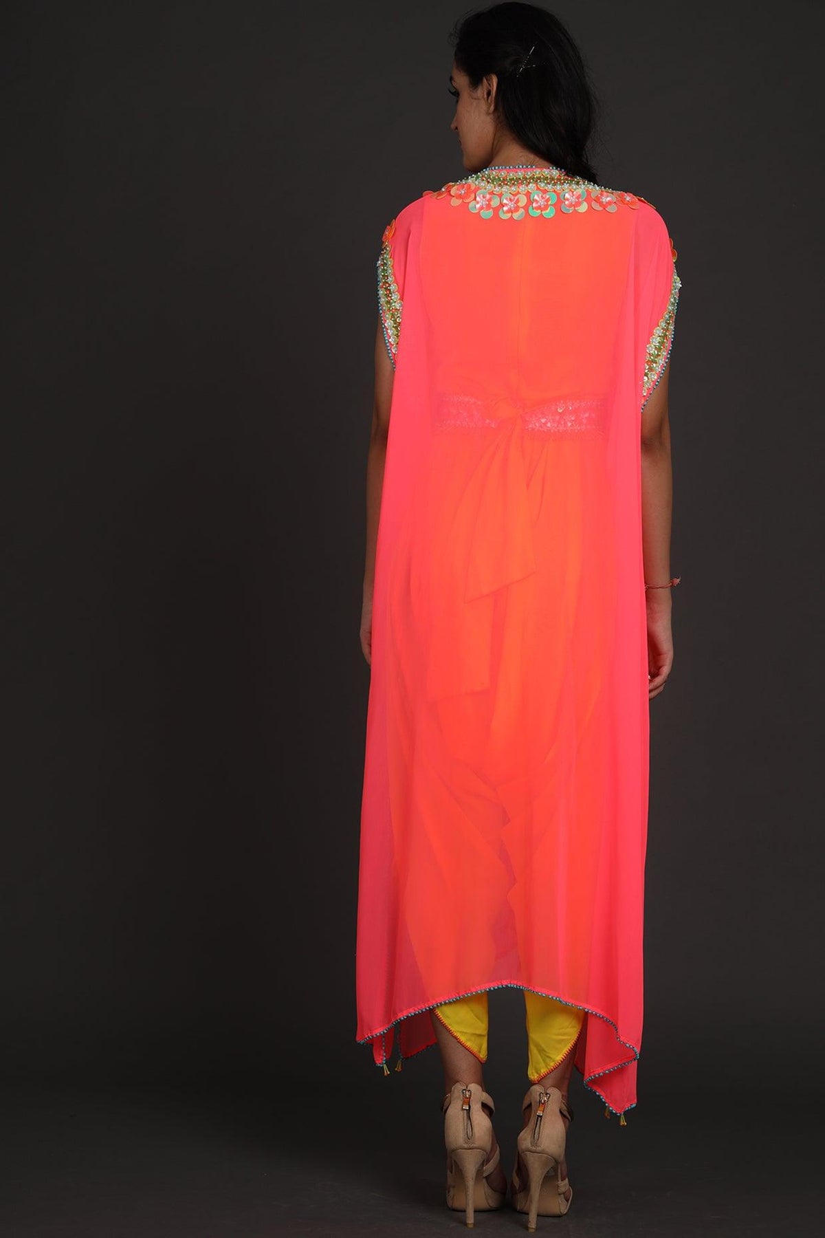 Yellow & Pink Embroidered Jumpsuit With Cape - Preeti s kapoor