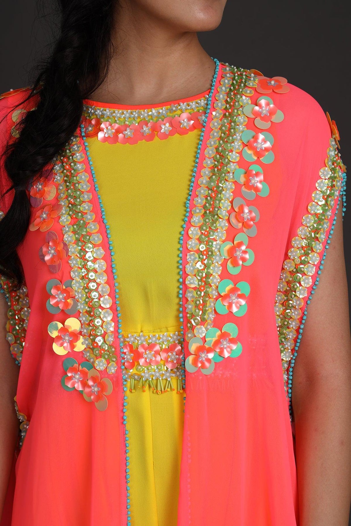 Yellow & Pink Embroidered Jumpsuit With Cape - Preeti s kapoor