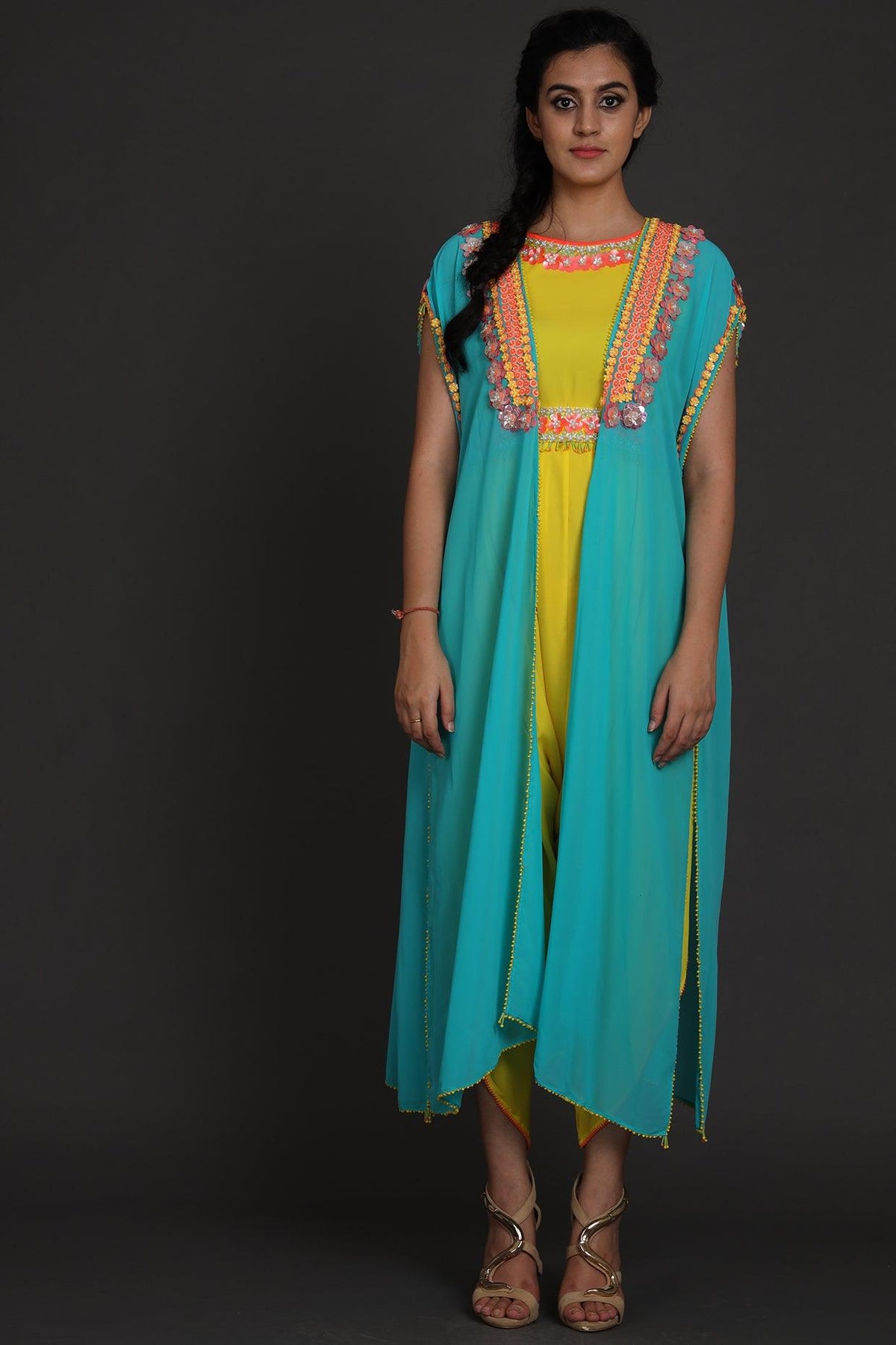 Yellow & Blue Embroidered Jumpsuit With Cape