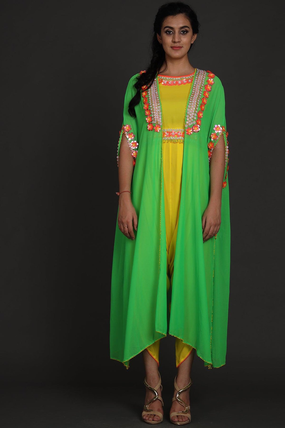 Yellow & Green Embroidered Jumpsuit With Cape