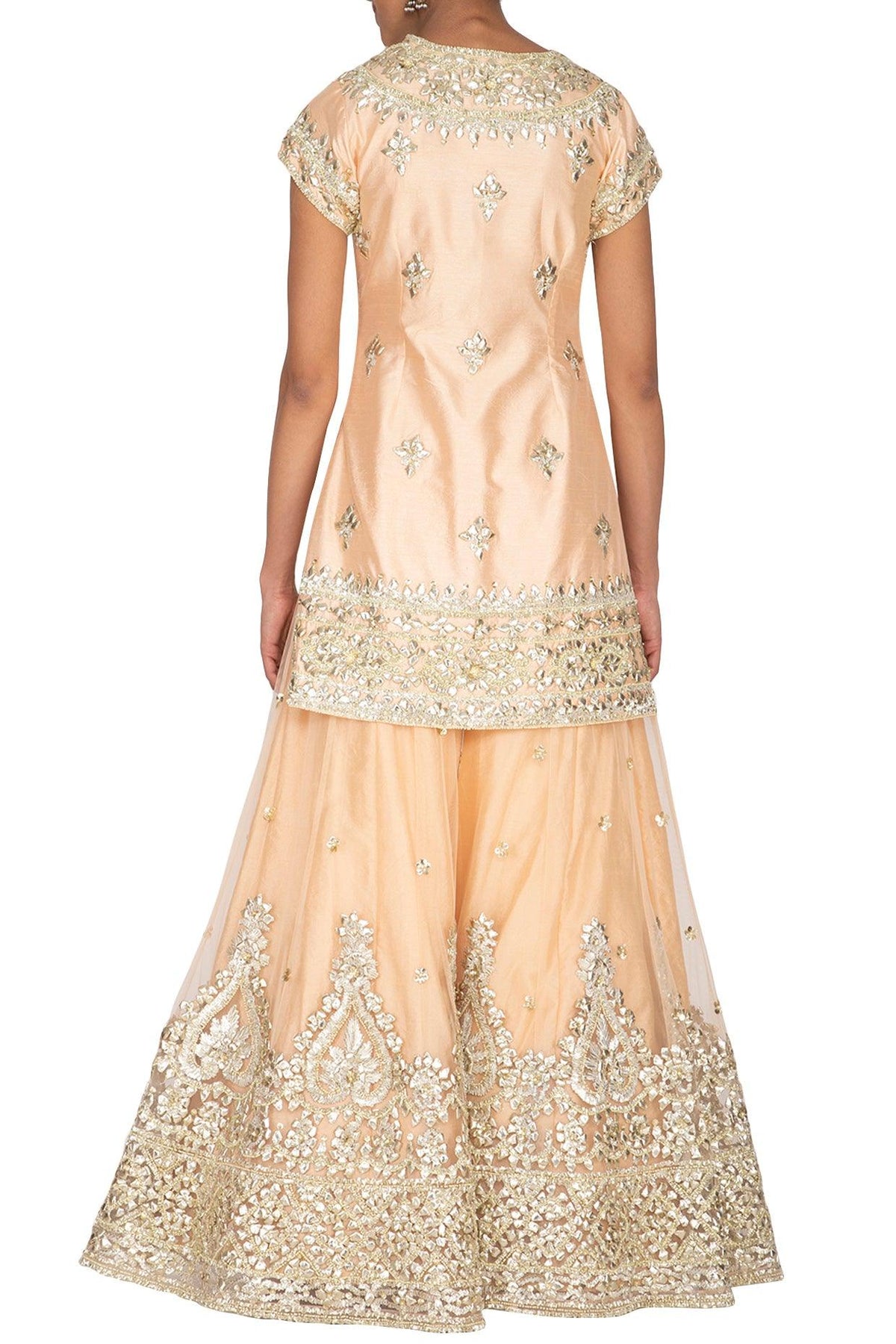 Peach Short Kurta Embroidered Sharara Set - Preeti s kapoor