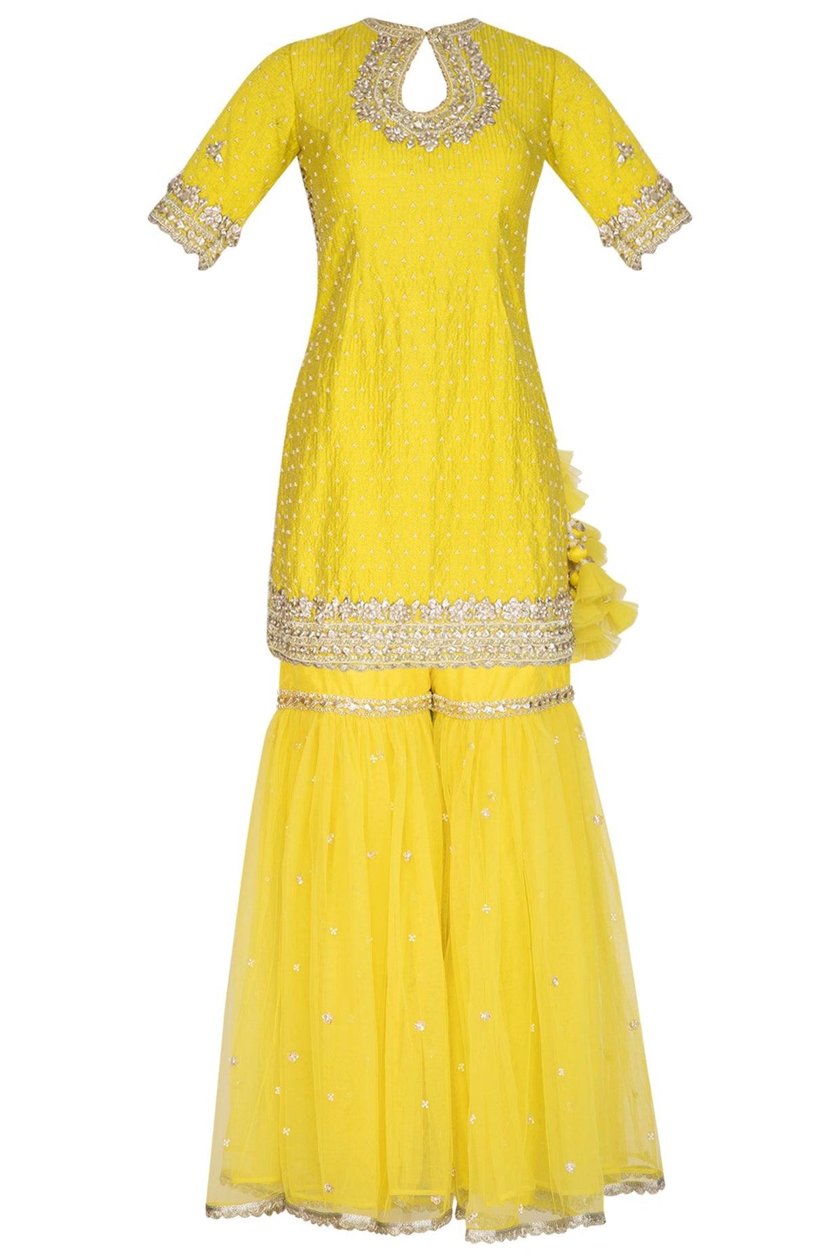 Yellow Short Kurta In Silk Base Embroidered Gharara Set - Preeti s kapoor