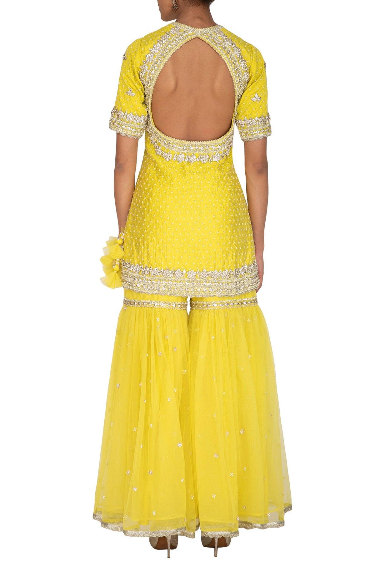 Yellow Short Kurta In Silk Base Embroidered Gharara Set - Preeti s kapoor